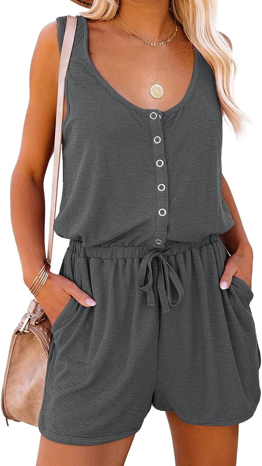 Women's Summer Scoop Neck Sleeveless Button Down Jumpsuit Rompers Adjustable Waist Short with Pockets