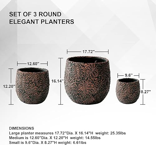 Miniatura 5 de XBrand Juego de 3 macetas redondas de cemento de fibra para interiores y exteriores, modernas macetas decorativas con orificio de drenaje para todas