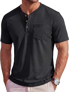 Men's Henley Short Sleeve Shirt Cotton Lightweight Tee Shirts Casual Summer Basic Tees with Pocket