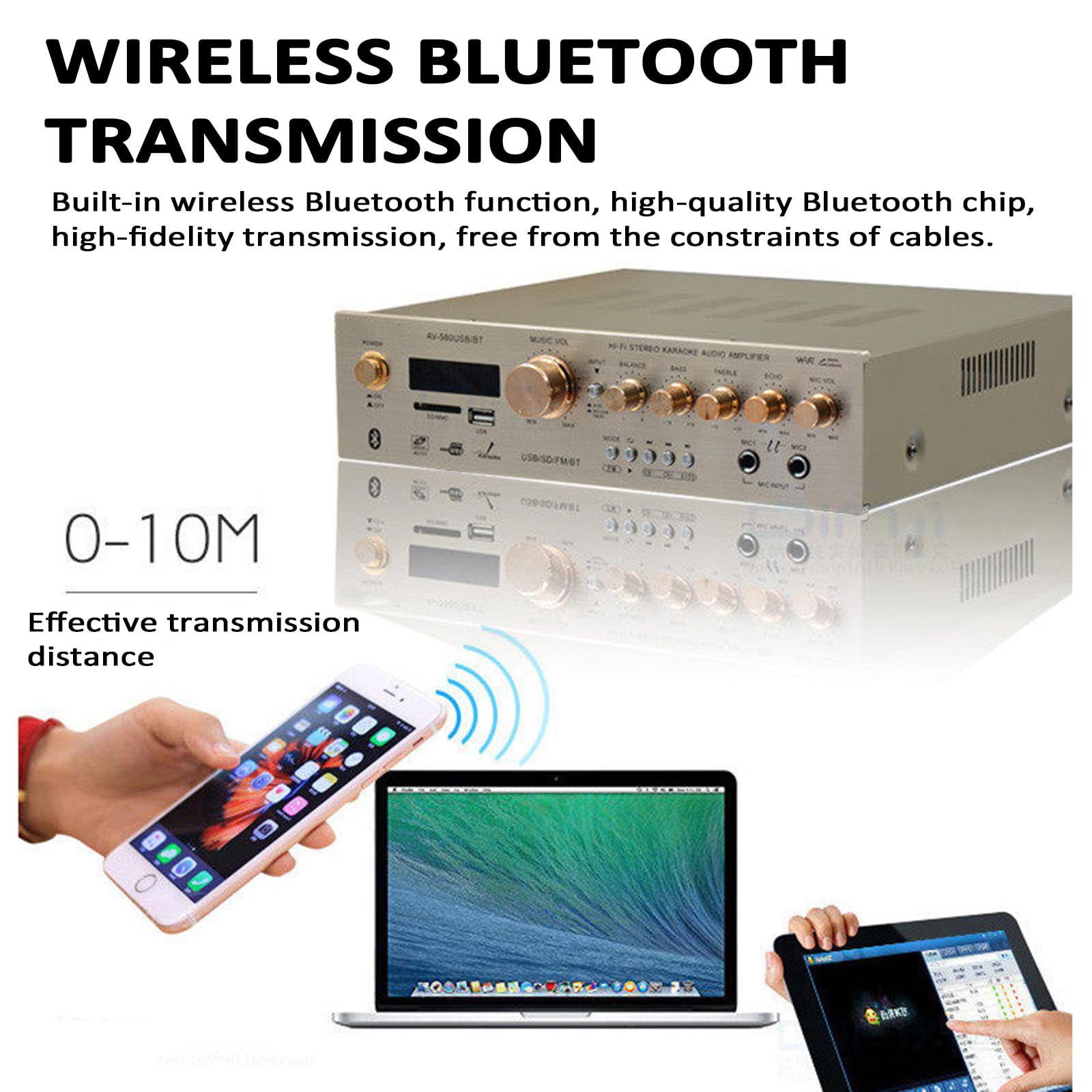 Wzmacniacz audio stereo 750 W, 5.0-kanałowy odbiornik stereo z pilotem (10 M) / USB/SD/podwójny interfejs mikrofonu/BT 5.4, dekodowanie światłowodowe/koncentryczne, do B