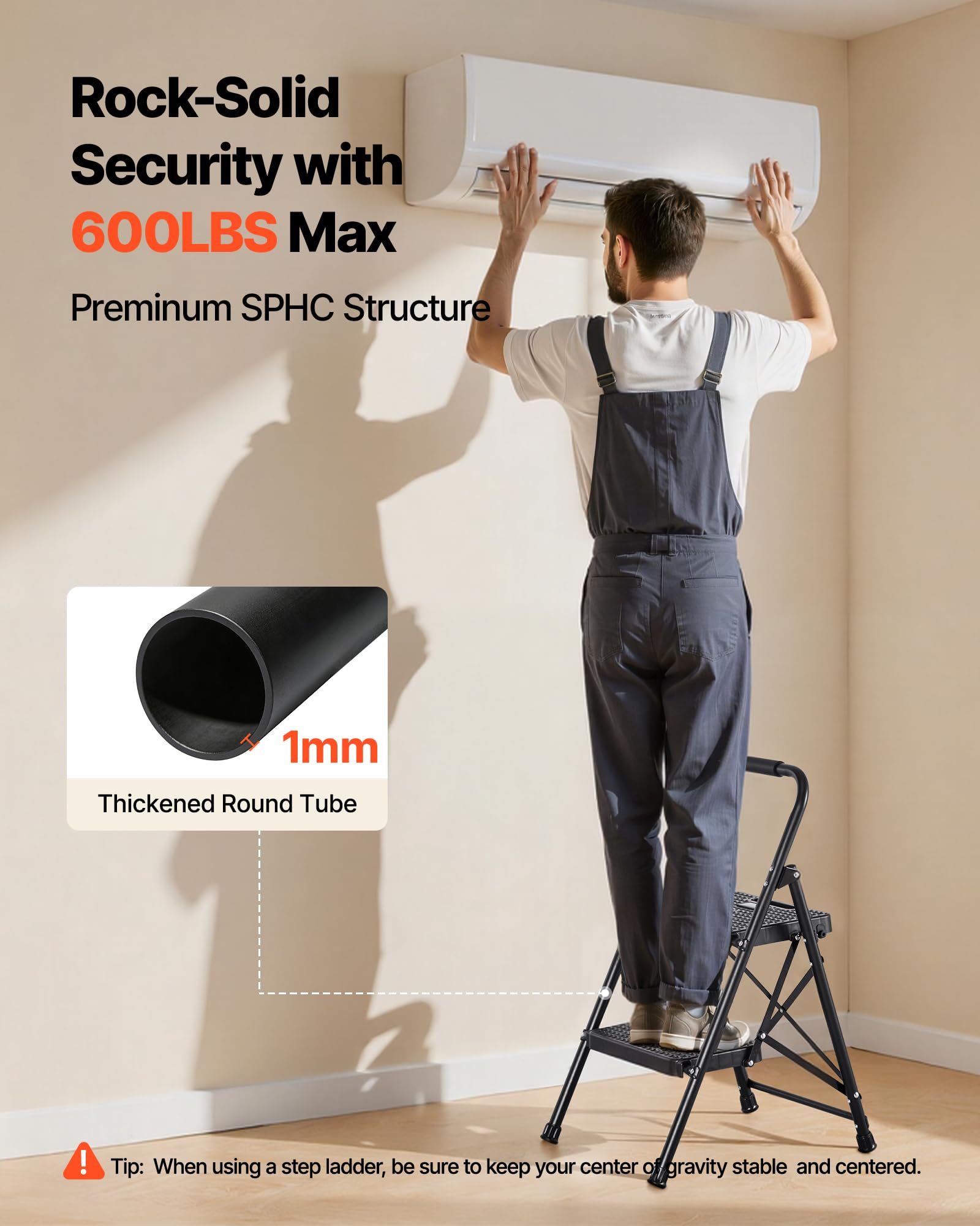 VEVOR Escalera Plegable de 2 Peldaños, Escalera de Tijera con Estructura de Acero, Capacidad de Carga Máx. 272 kg, con Asa Superior de Goma y Pies Antideslizantes, Utensilio para Hogar Cocina Oficina