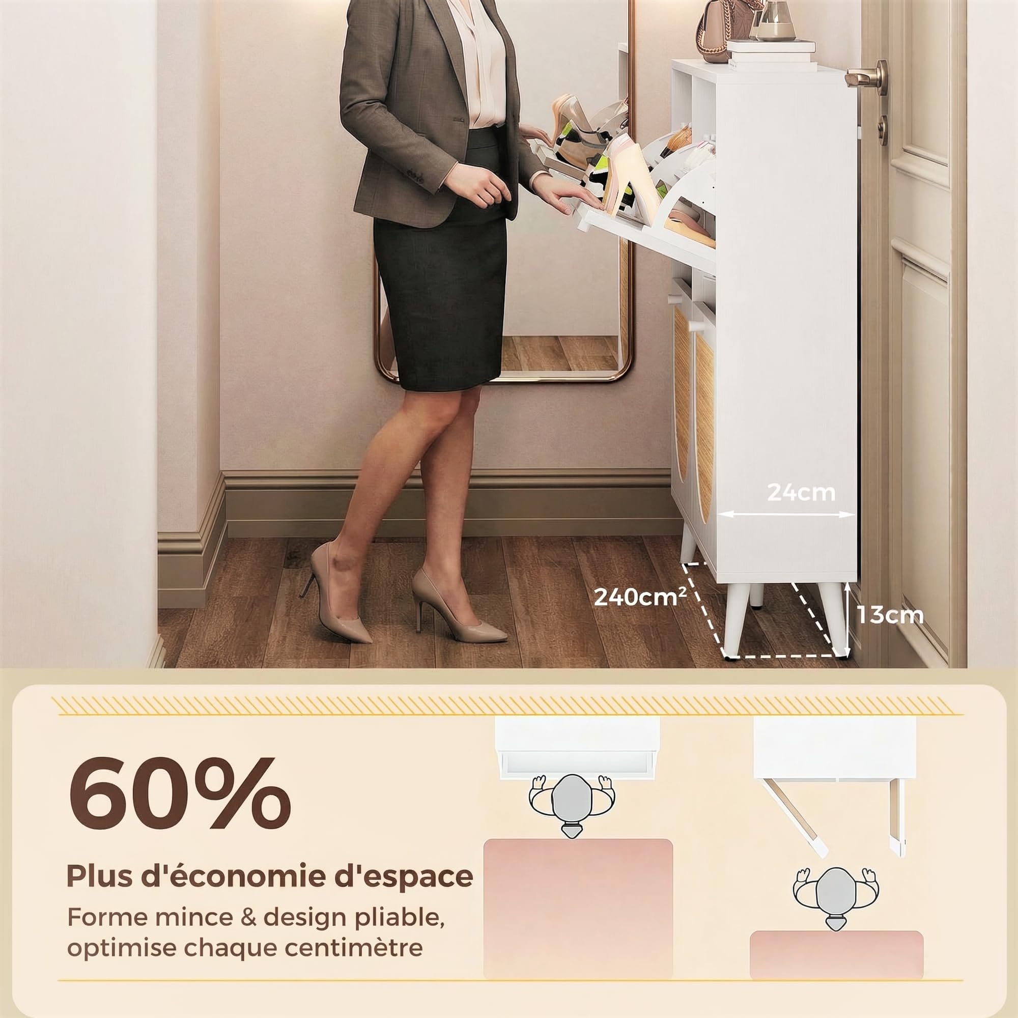 IRONCK Meuble à Chaussures en Cannage et Bois, 4 Portes Étroit avec Étagères Réglables, Rangement Chaussures pour Entrée, Couloir, Salon, 100x24x95 cm (Blanc)