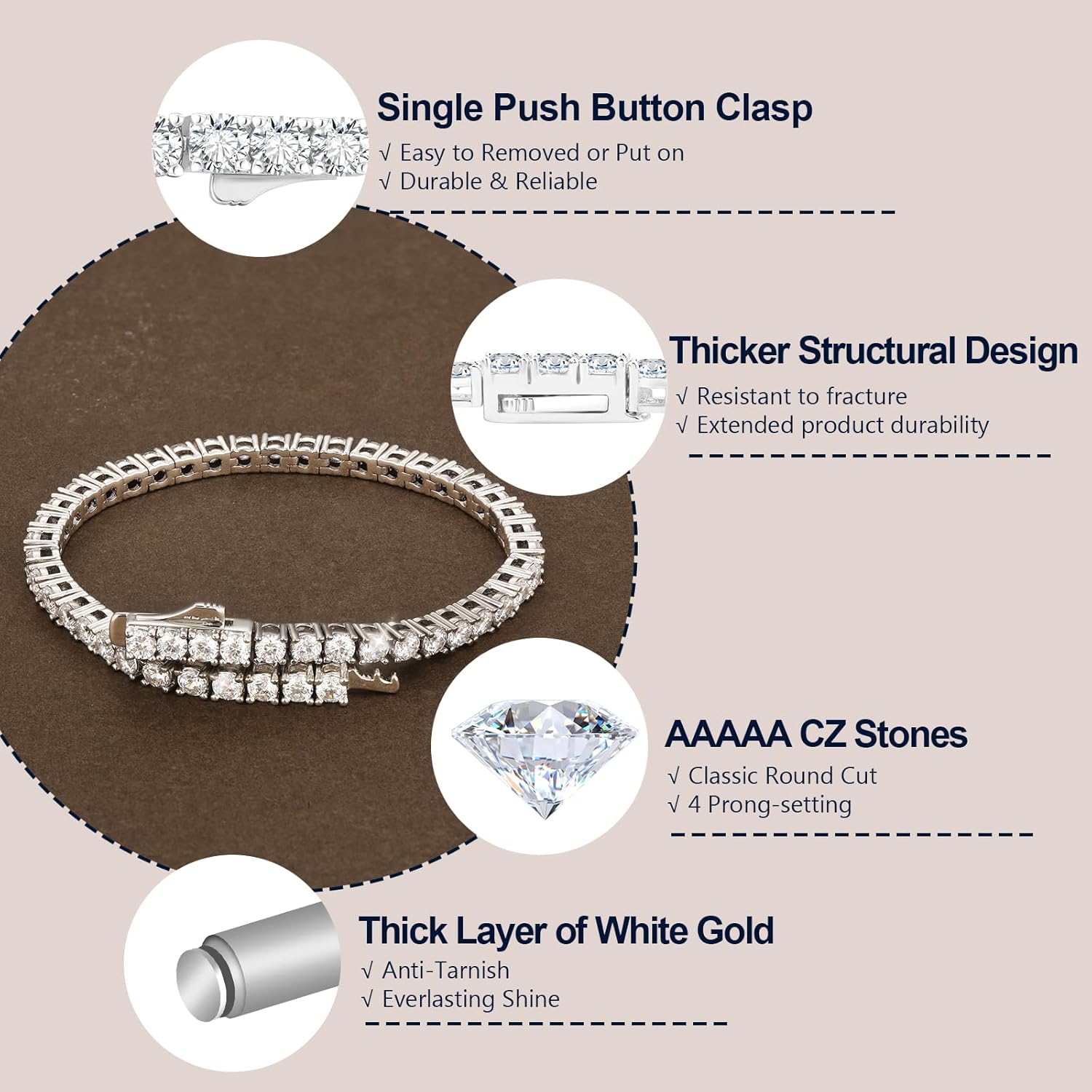 KRKC&CO Tennis Bracelets for Women, Birthday Wedding Gift for Her, 3/4/5mm, 14k Gold/White Bracelet, Iced Out 5A Cubic Zirconia Stones, Bridal Wedding Jewelry for Wife Mom 3mm-white gold 7.0in image 4 of 7 B0DPFPHYQB