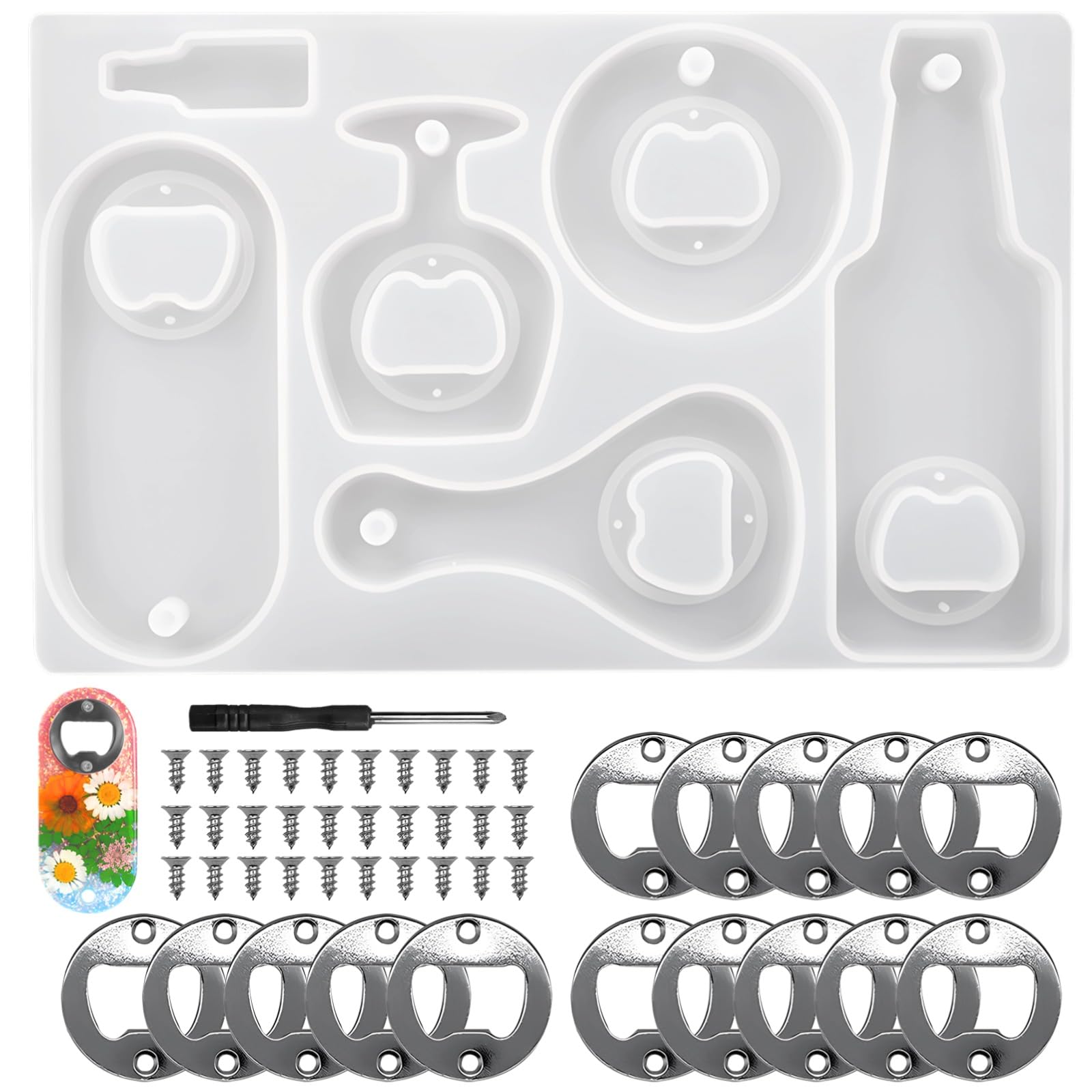 5 sztuk otwieraczy do butelek, 5 unikalnych silikonowych foremek do żywicy epoksydowej, akcesoria barowe DIY z metalowymi częściami, śrubokrętami i śrubami, zestaw brokatowych otwieraczy do butelek
