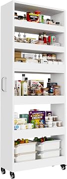 Slim Storage Cart, Lightweight 6 Tier Metal Rolling Utility Kitchen Cart on Wheels, Mobile Storage Shelving Unit Organizer for Bathroom Laundry Office Narrow Places White, 10" D
