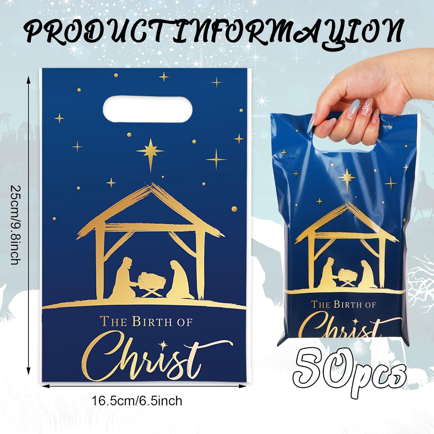JarThenaAMCS 50Pcs Christmas Party Favor Bags Nativity Scene Treat Gift Bags with Handles Blue Plastic Candy Goodie Bags for Xmas Birthday Baby Shower - Image 2