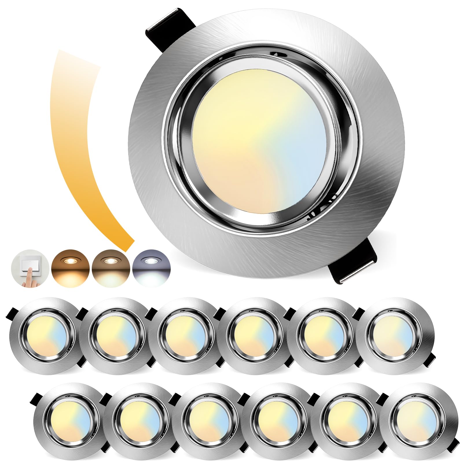 LED Einbaustrahler 230V Flach Dimmbar,LED Spot 5W IP44 Deckenspots, 45° Schwenkbar Einbauleuchten 68-85mm EinbauØ, 2700K/4000K/6000K Ultra Flach Einbauspots, 3CCT Spots für Badezimmer 12er Set