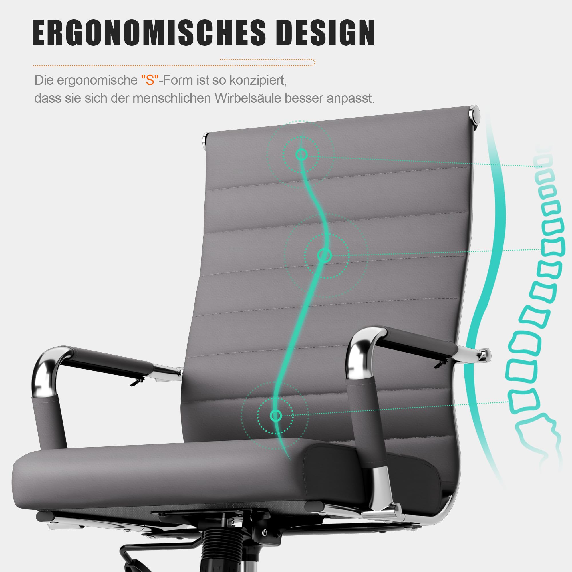 UEV Bürostuhl Ergonomisch Wippfunktion bis 150 kg belastbar Drehstuhl Grau | Schreibtischstuhl mit Armlehne Office Chair S-förmige Lendenwirbelstütze gepolsterter Sitz höhenverstellbar aus Kunstleder