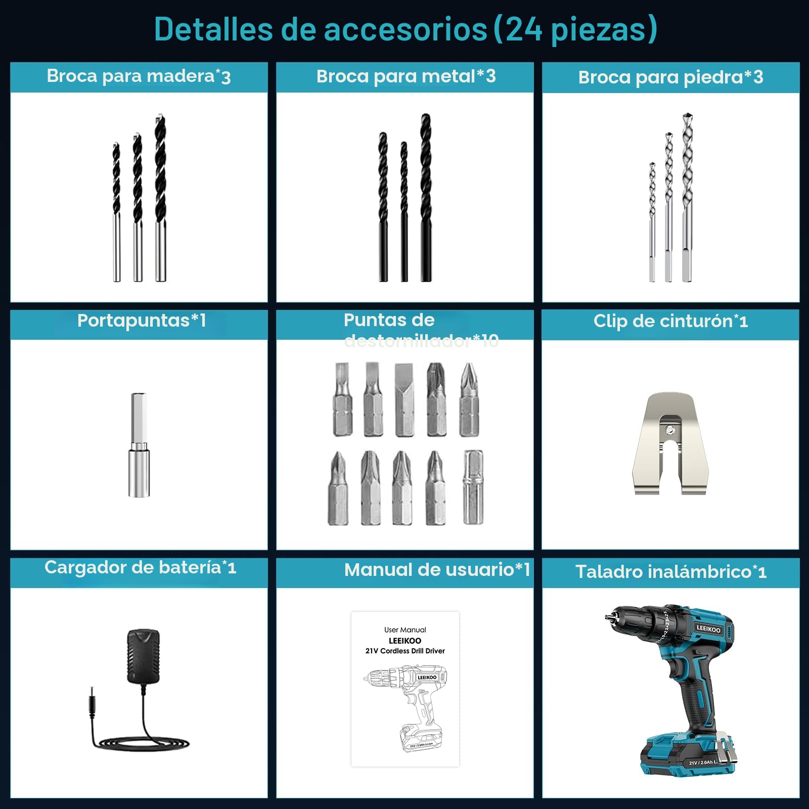 Taladro Percutor a Bateria 21V, LEEIKOO Taladro Atornillador Bateria, 42N.m Atornillador Electrico con Batería 2.0Ah, 25+3 Ajuste de Par, 24 Accesorios, 2 Velocidad, LED Luz Para Hogar, Bricolaje