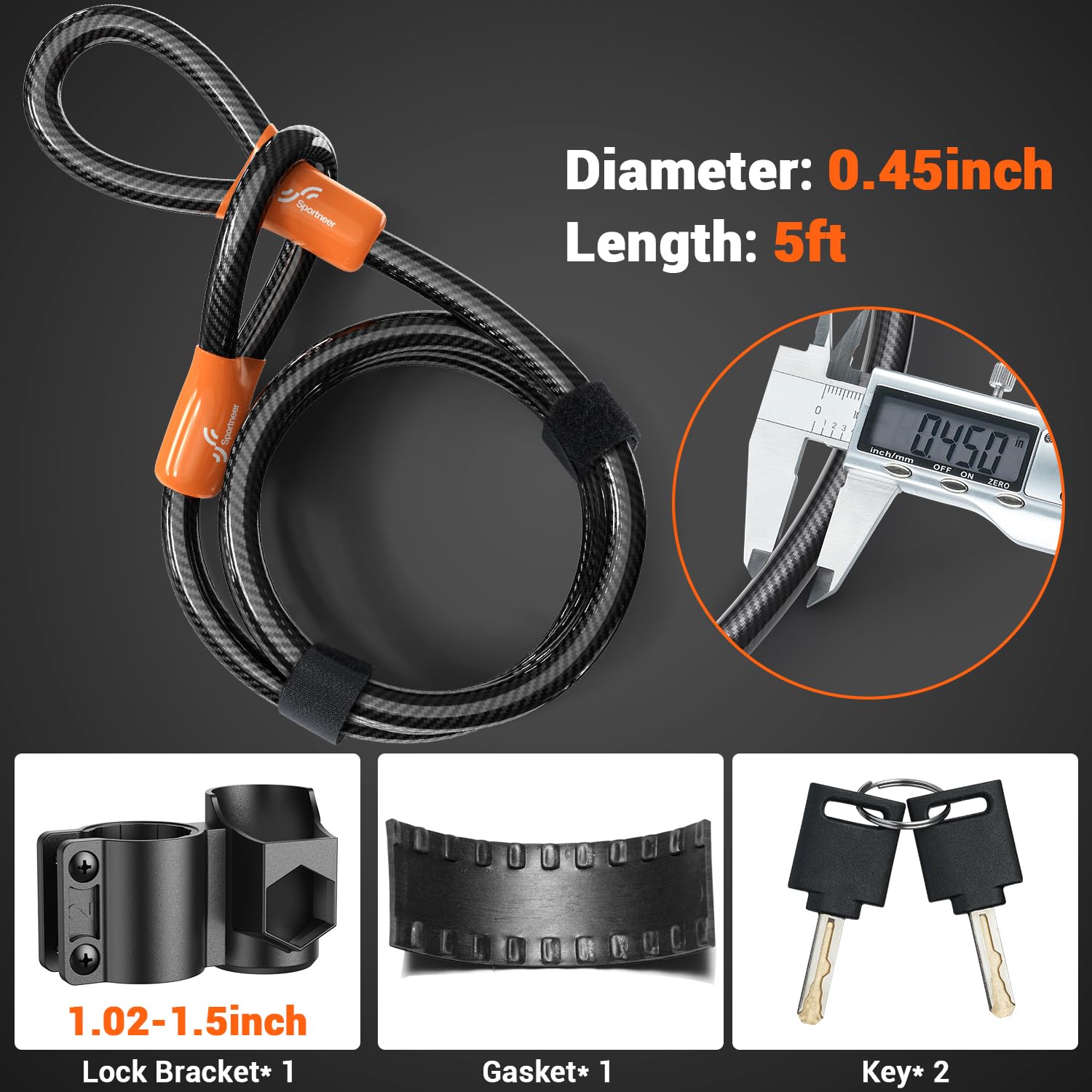 Sportneer Bike Lock: 17mm Heavy Duty Bike D Lock with 5Ft/1.2M High Security Steel Cable&Sturdy Mounting Bracket&Key Anti Theft Bicycle Locks for Road Bike Electric Bike - Image 4