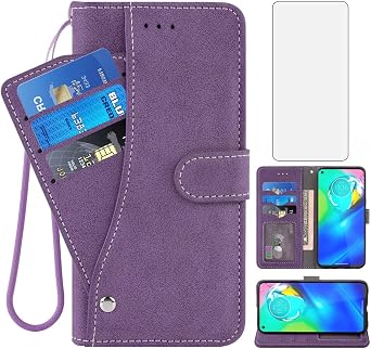 Asuwish Compatible with Moto G Power 2020 Wallet Case and Tempered Glass Screen Protector Flip Credit Card Slot Holder Stand Kickstand Cell Accessories Phone Cover for Motorola GPower Women Men Purple
