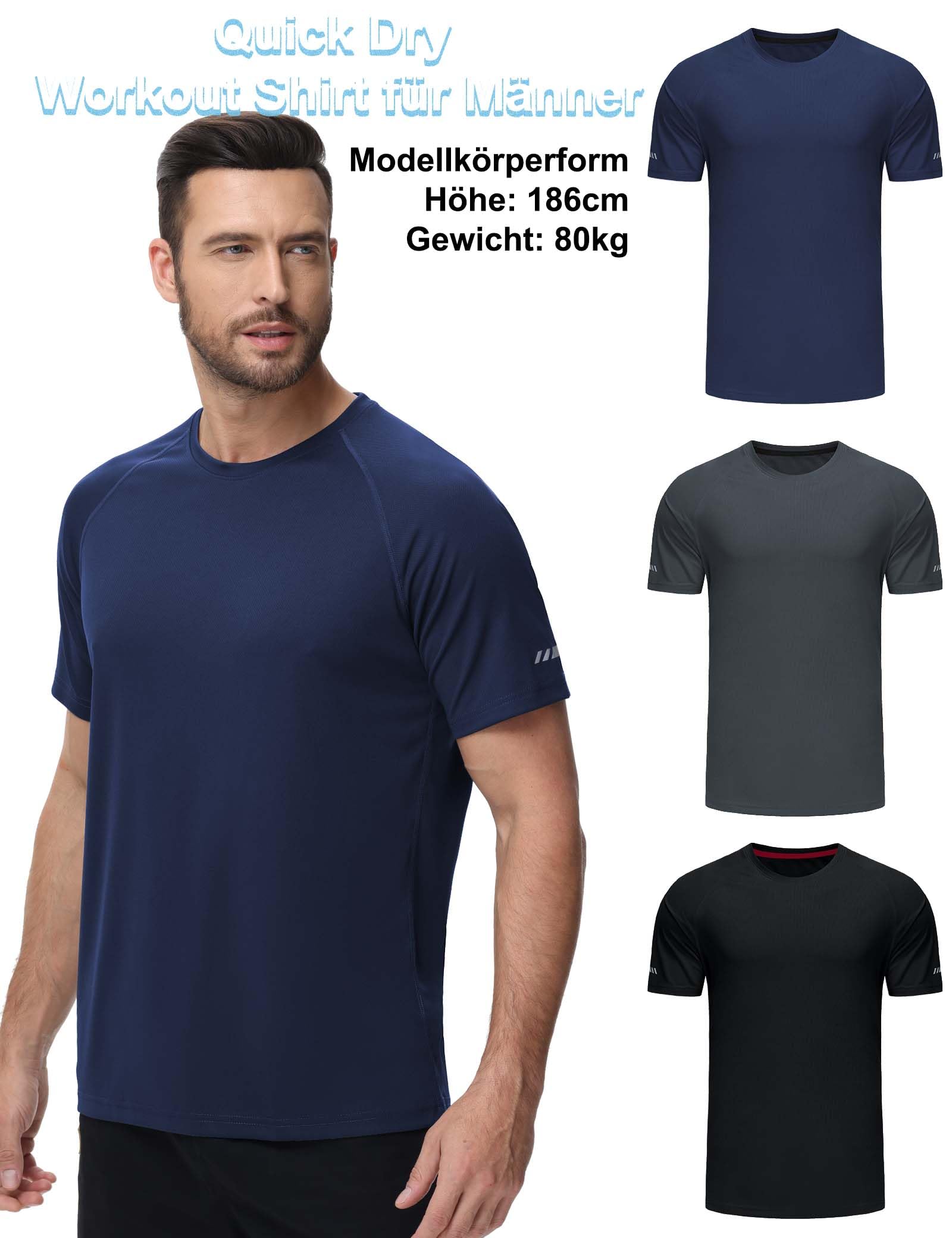 3er Pack Sport Tshirts Męskie koszulki funkcjonalne Koszula do biegania Letnia koszula fitness Koszula treningowa Koszula turystyczna do biegania Trening Bodybuilding-Black/Grey/Navy-3XL