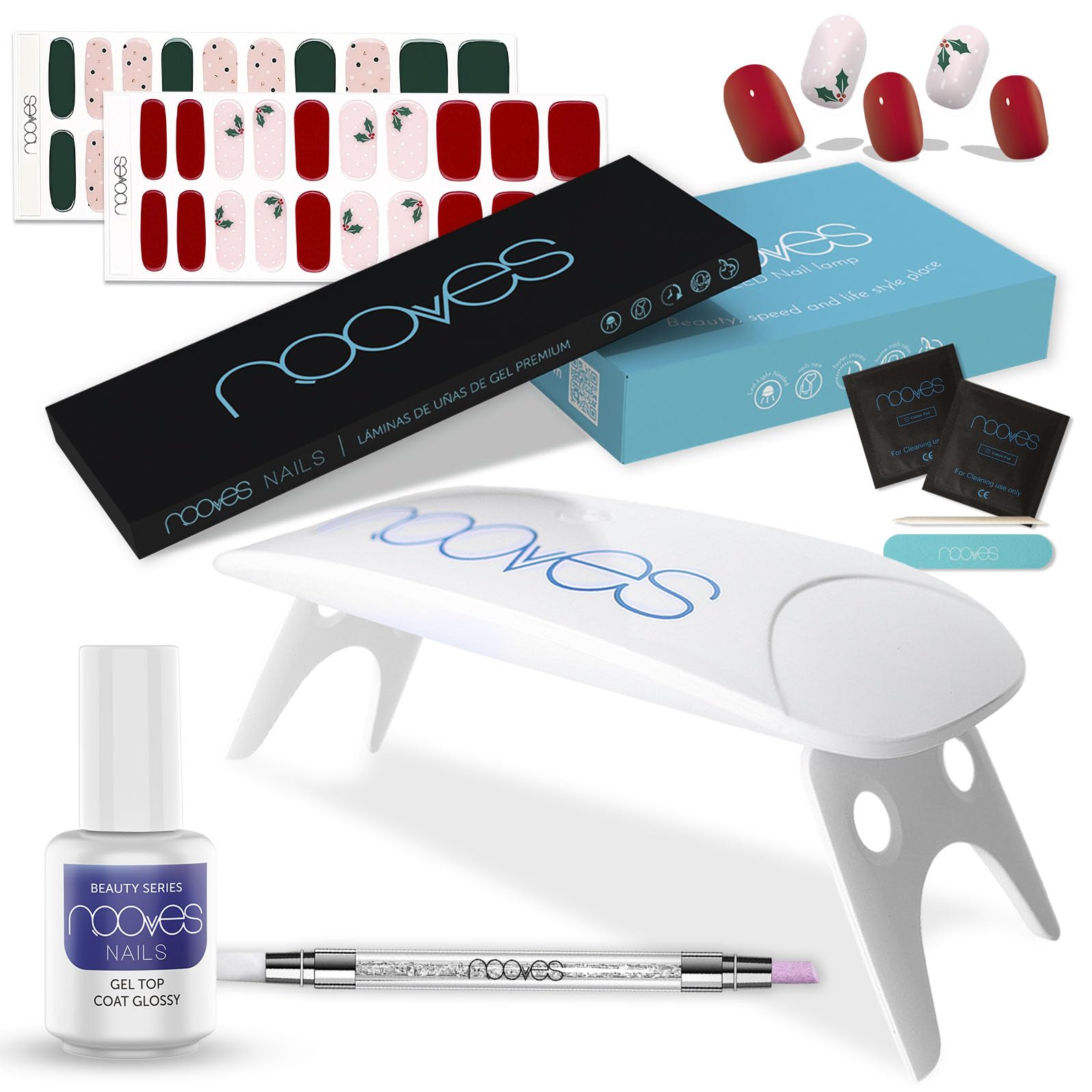NOOVES Starter Kit: 2 Láminas de Gel + Lámpara Secado + Top Coat + Quartz Dual Stick| 40 uds Beauty Navidad, Semicuradas y Veganas con Lima y Palito de Naranjo