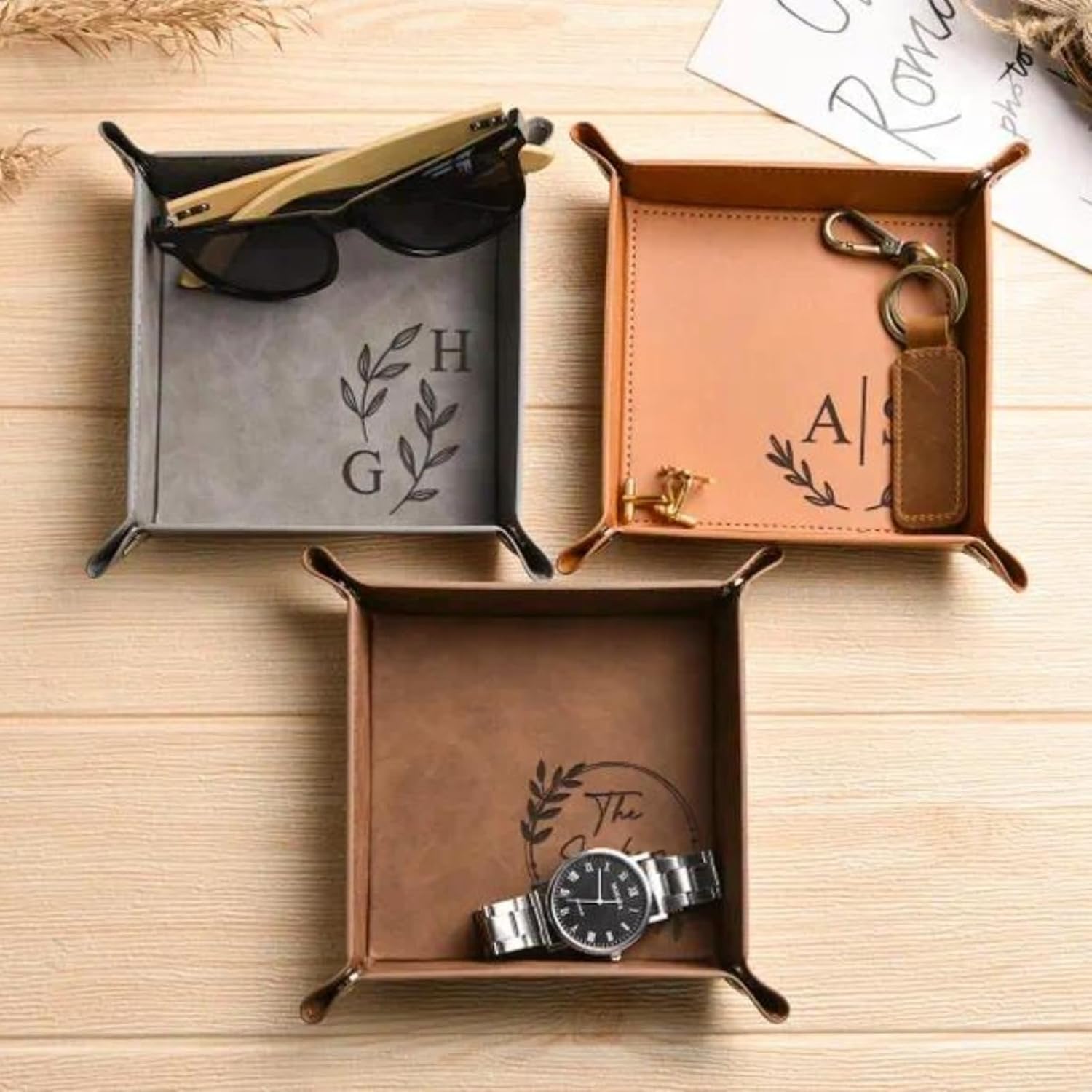Personalized Engraved Leather Valet Tray for Men,Custom Catch All Tray with Name for Desk,Dresser,Nightstand,Men's Organizer Tray for Keys,Wallet,Jewelry,Personalized Gift for Home,Office