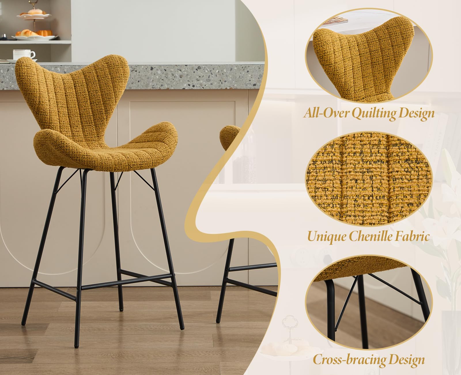 Lot de 2 Tabourets de Bar en Chenille Moderne Tabourets Hauts avec Pieds en Métal Chaises de Bar avec Dossier Unique pour Cuisine, Jaune