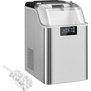 HOMCOM Stainless Steel Ice Cube Maker with 24 Nugget Ice Cubes per Passage 20 kg/24 h 2.1 L Water Tank Self-Cleaning Ice Cube Maker with Ice Scoop and Basket for Kitchen Office Party