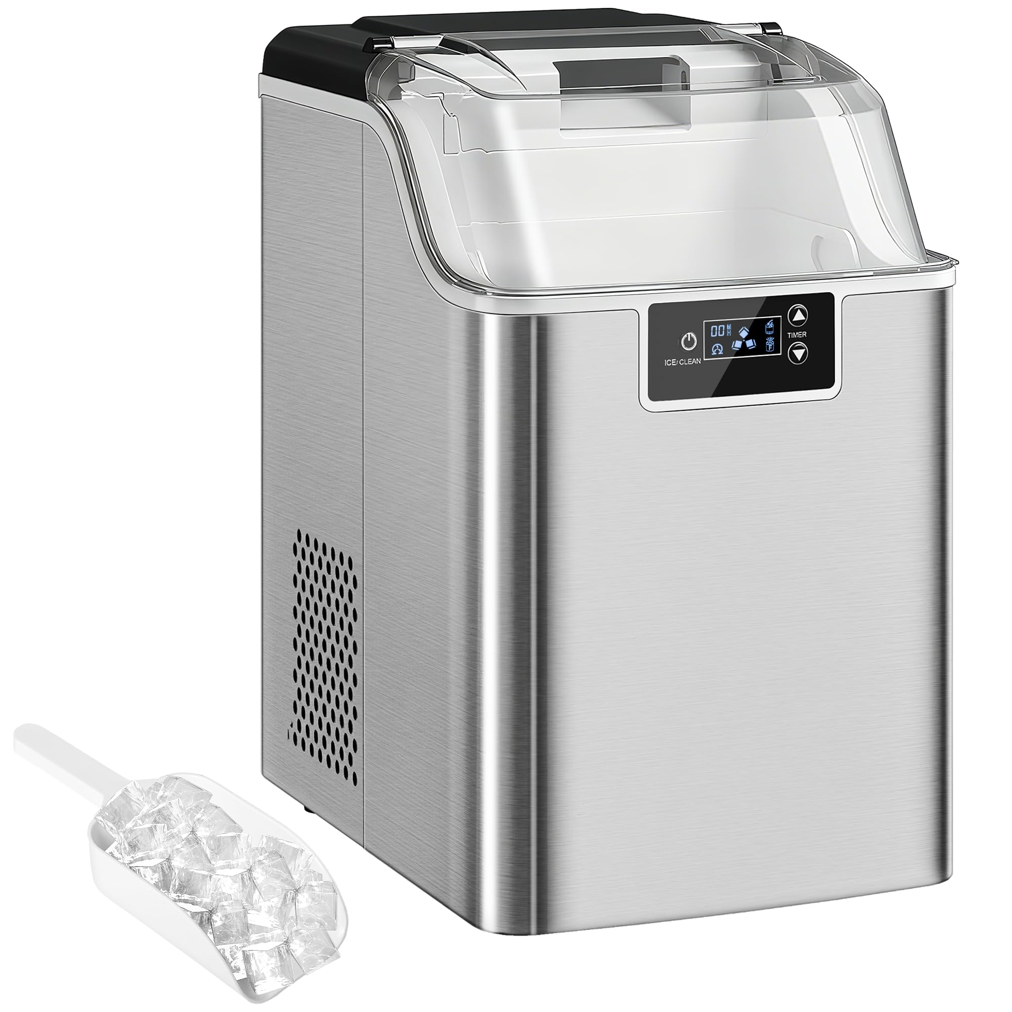 HOMCOM Eiswürfelmaschine Edelstahl Ice Maker 20kg/24h Eiswürfeln | 2,1L Wassertank, 24 Nugget pro Durchgang, Selbstreinigender Eiswürfelbereiter, Eisschaufel und Korb, Für Küche Büro Party