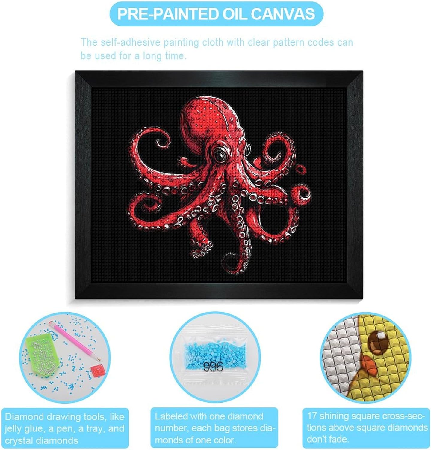 Red Octopus Fierce Printed Diamond 5D Painting Kits DIY Full Drill Crafts for Home Wall Decor 16x20 Inch Blackwood 50 * 40cm