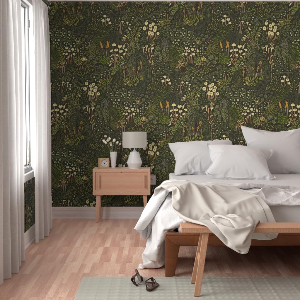 Removable Wallpaper Swatch - Whimsical Garden Large Scale Fairy Botanical Moss Olive Green Zen Nature Custom Pre-Pasted Wallpaper by Spoonflower