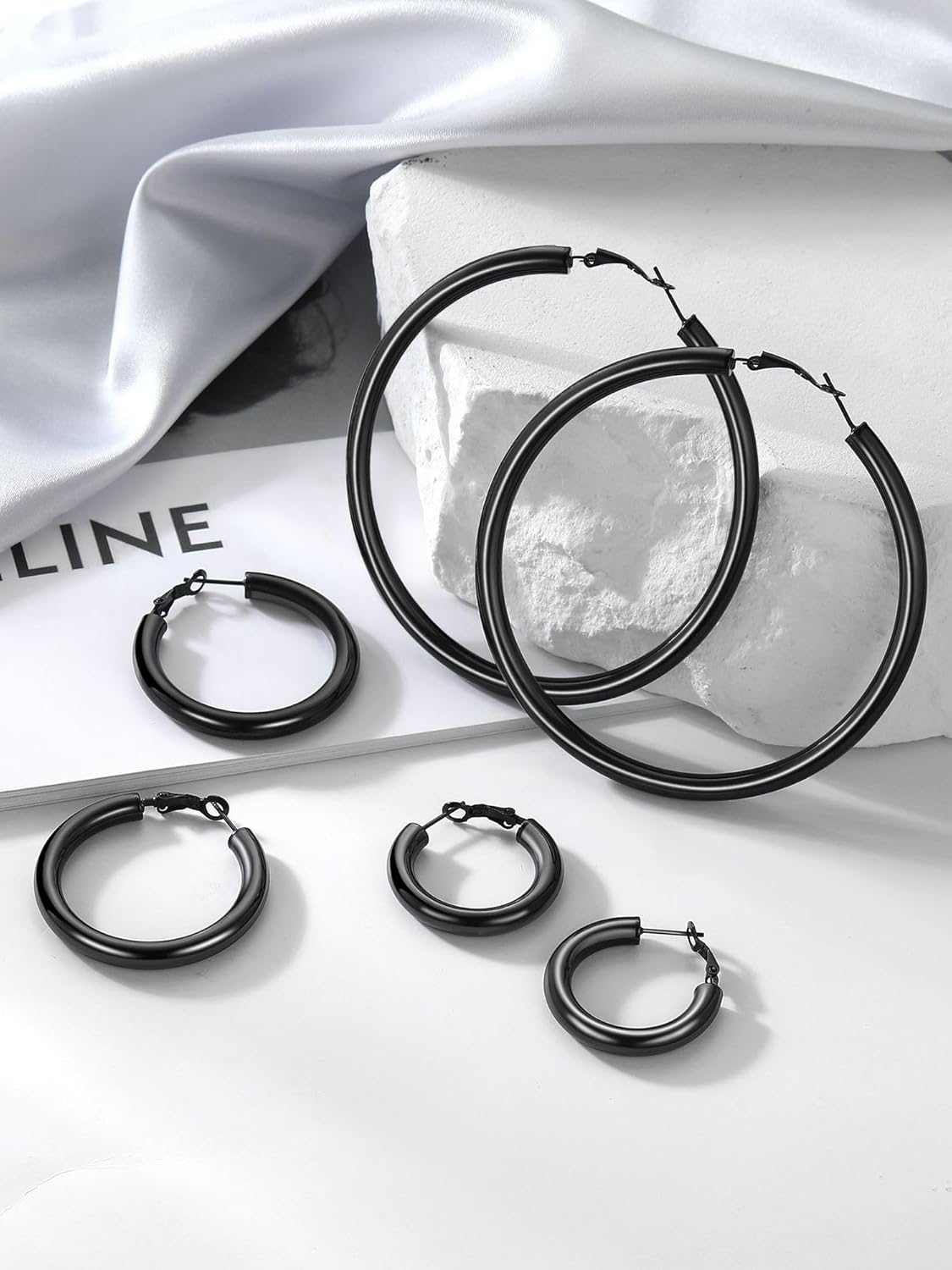 Stainless Steel Chunky Hoop Earrings For Women, Minimalist and Chic, Black/Gold Plated, Round Hoops Earrings Hypoallergenic, Size: 30mm/40mm/60mm/80mm, Come with Box - Image 6
