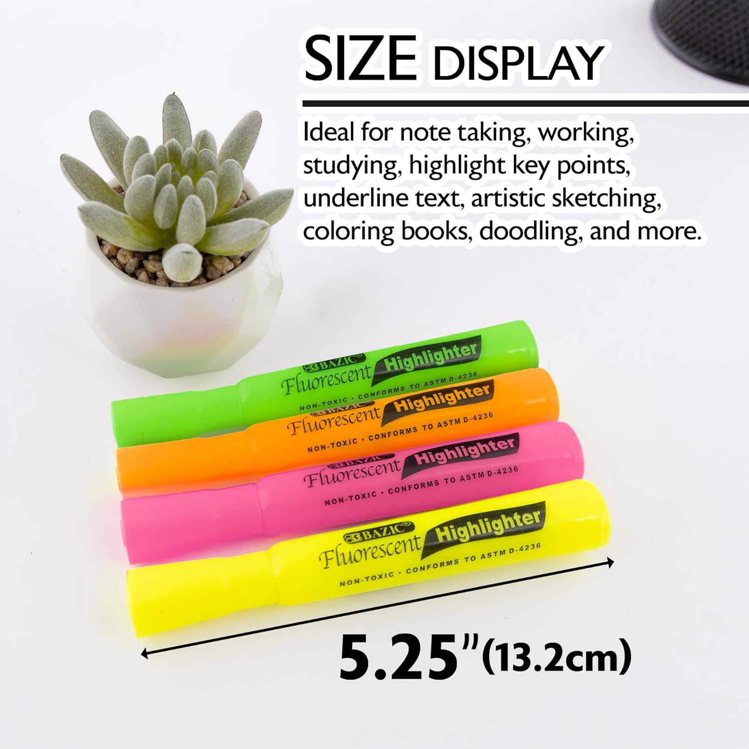 BAZIC PRODUCTS Assorted Fluorescent Ink Highlighter – Chisel Tip Broad Fine Line, Desk Style Highlighter Pen for Office and School, Unscented, Smooth Marking, 4/Pack, 24-Packs