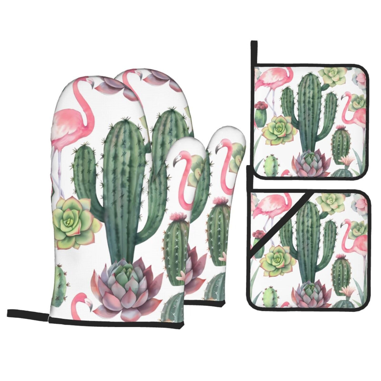 HJFCZH Pink Flamingo Succulent Plants Prints Kitchen Covers: Waterproof Oven Layers for Safe Cooking & Easy Cleanup - 4 Piece Heat Protection Set