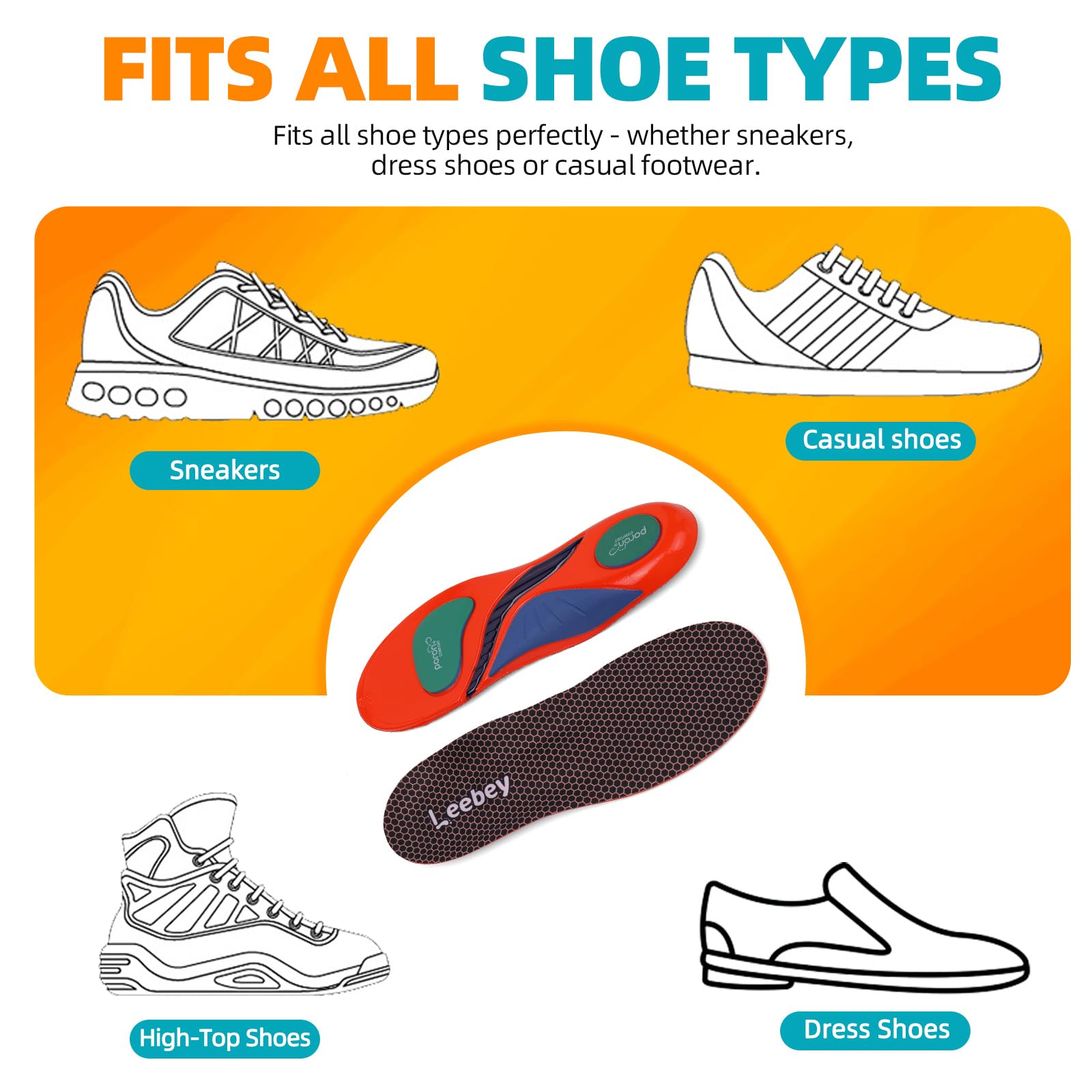 Plantillas Ortopédicas Hombres Mujeres Suaves Comodidad Soporte de Arc Plantillas de Zapatos para pies planos, dolor en los pies, fascitis plantar, dolor de talón, Espolones Naranja 41-42 EU