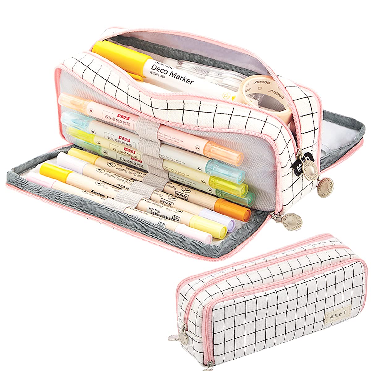 EHOPE Large Capacity Pencil Case Big Capacity Pouch Portable Large Storage Pen Case Pencil Bag for Office Travel Holder Box(Plaid White)