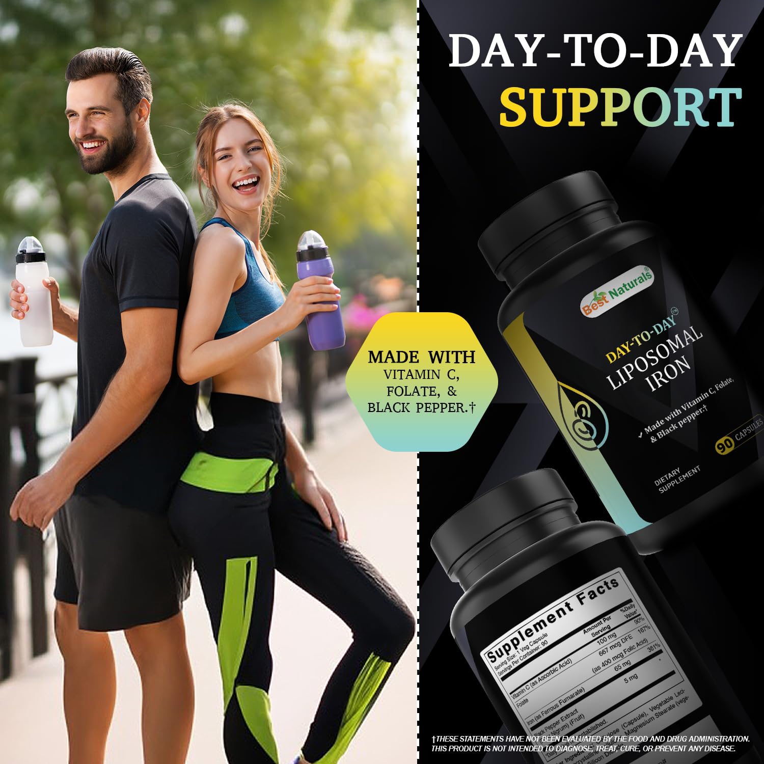 Best Naturals Day-to-Day Liposomal Iron as Ferrous Fumarate 65 mg, Made with Vitamin C, Folate & Black Pepper 90 Veg Capsules — Amazon image 6