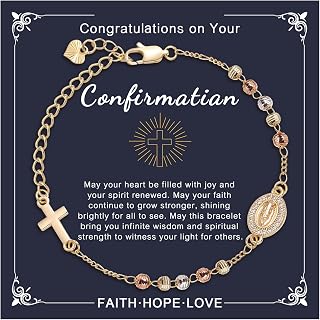 Religious Gift Rosary Bracelet for Women-14K gold plated Virgen de Guadalupe Rosary Beads Cross Charm Link Chain, Dainty Virgin Mary Catholic Gifts for Confirmation Baptism First Communion Godmother
