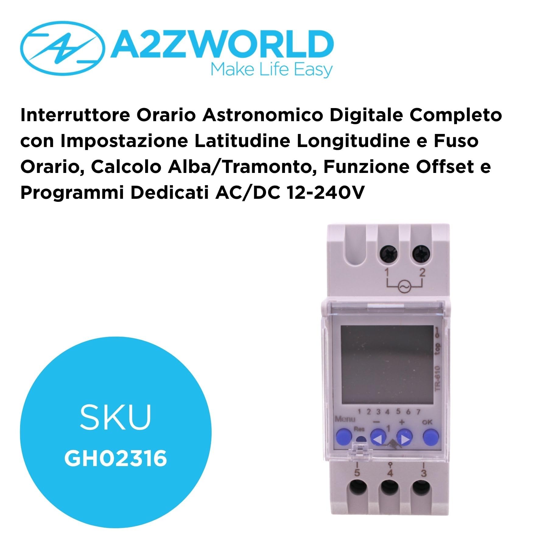 Interrupteur horaire astronomique numérique, minuterie lever du soleil avec latitude, longitude et fuseau horaire, AC/DC 12-240 V, occupe 2 modules barre DIN
