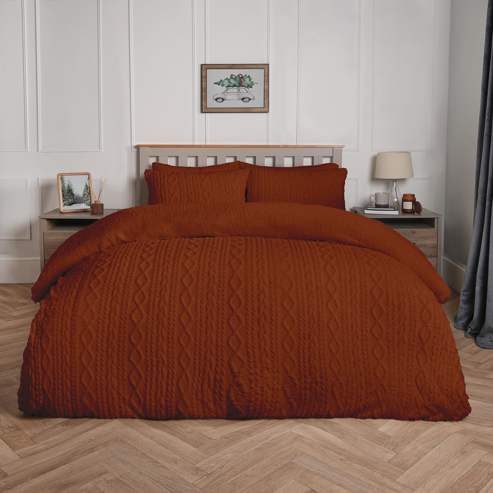 OHS Cable Knit Fleece Duvet Cover Set - King Size - Burnt Orange - Sherpa Reverse