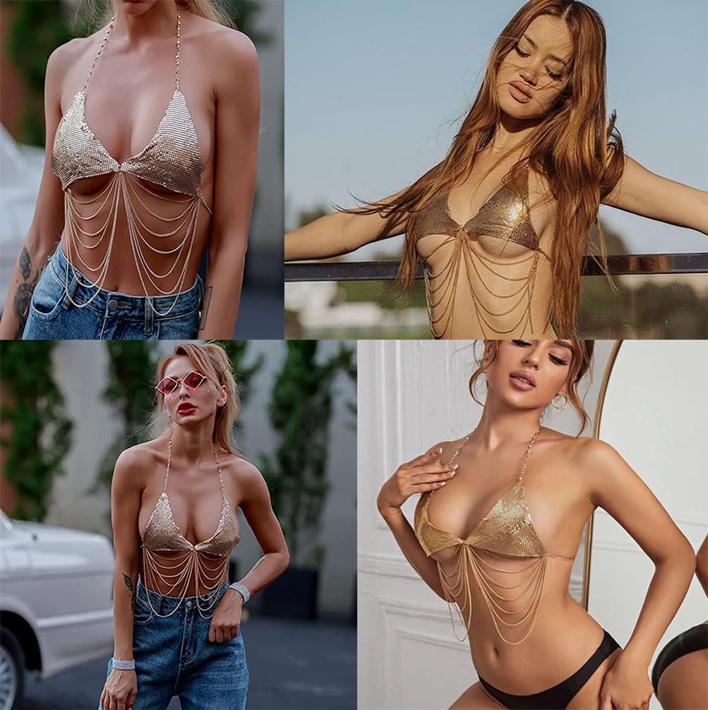 Sequin Body Chain Halter Crop Top Shirt Adjustable Waist Rhineston Tassel Crystal Bra Party Carnival Sparkly Backless Body Jewelry for Women