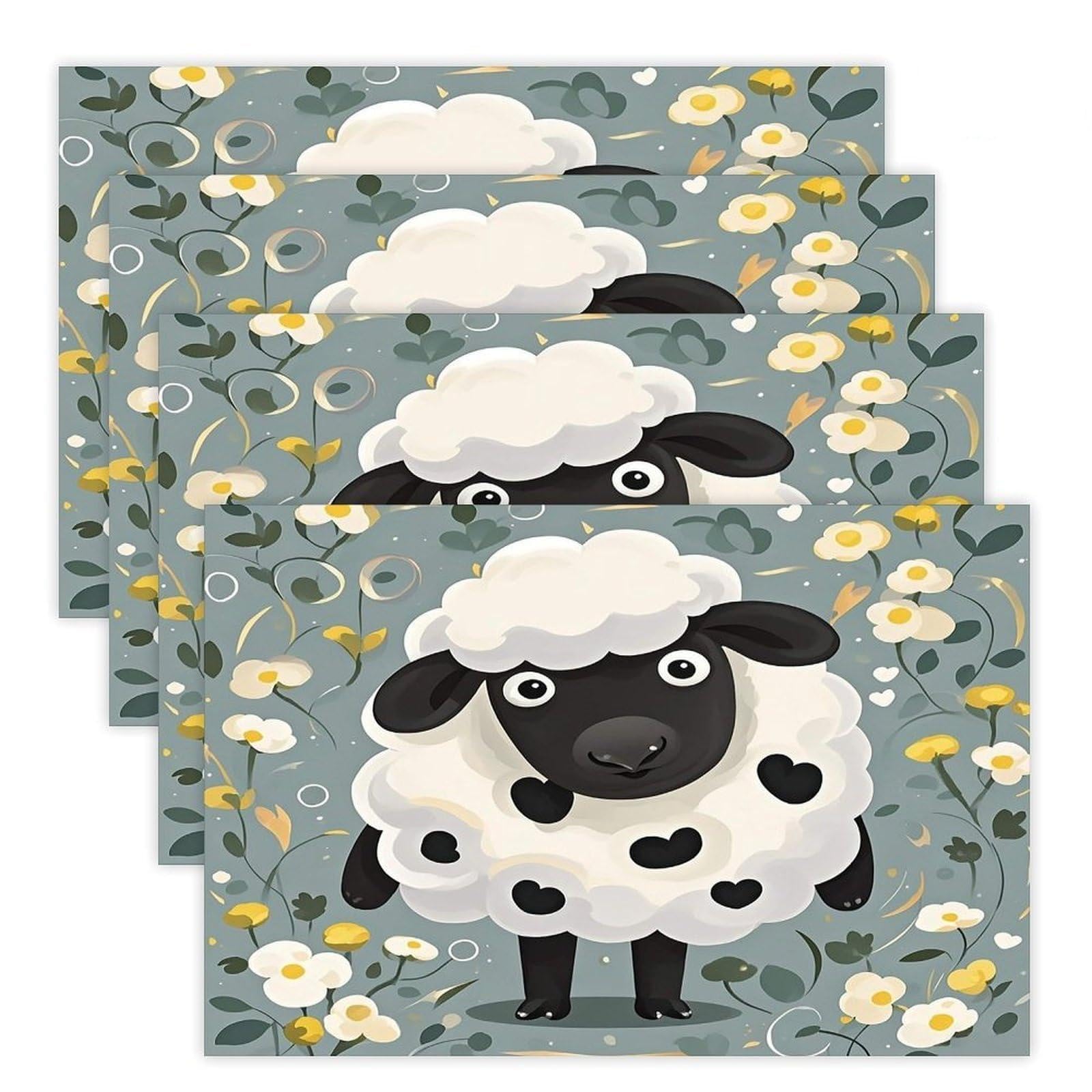 Cartoon Black White Sheep Placemats Flax Place Mats for Dining Table Rectangle Non-Slip Table Mats Heat Resistant Washable Placemat for Kitchen Home Decor Party Outdoor 12" X 18"