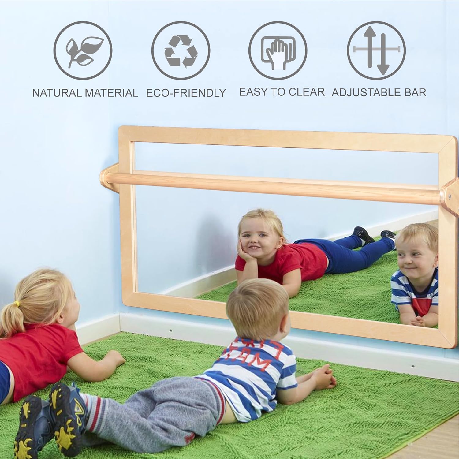 3-Position Montessori Wood Frame Non-Shatter Safety Pull Up Bar Baby Big Mirror Set, Infant Coordination Mirror, Kids Classroom Furniture for Daycare, Homeschool or Preschool