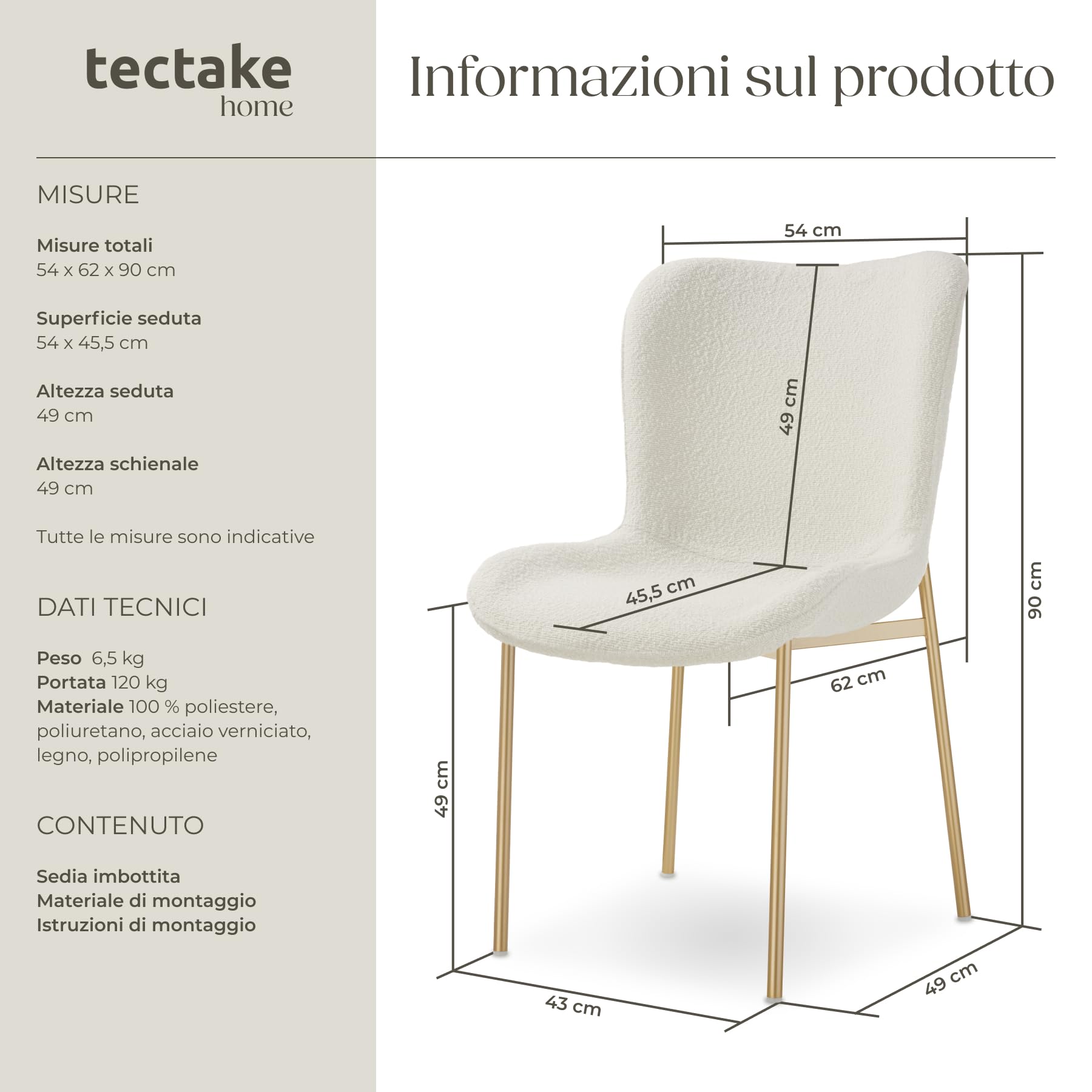 tectake® Poltrona in Stile Scandinavo, Seduta Ergonomica, Gambe in Acciaio, Cappucci Antiscivolo, Sedia Sala da Pranzo, Cucina, Sedia Soggiorno - Bouclé Bianco/Oro