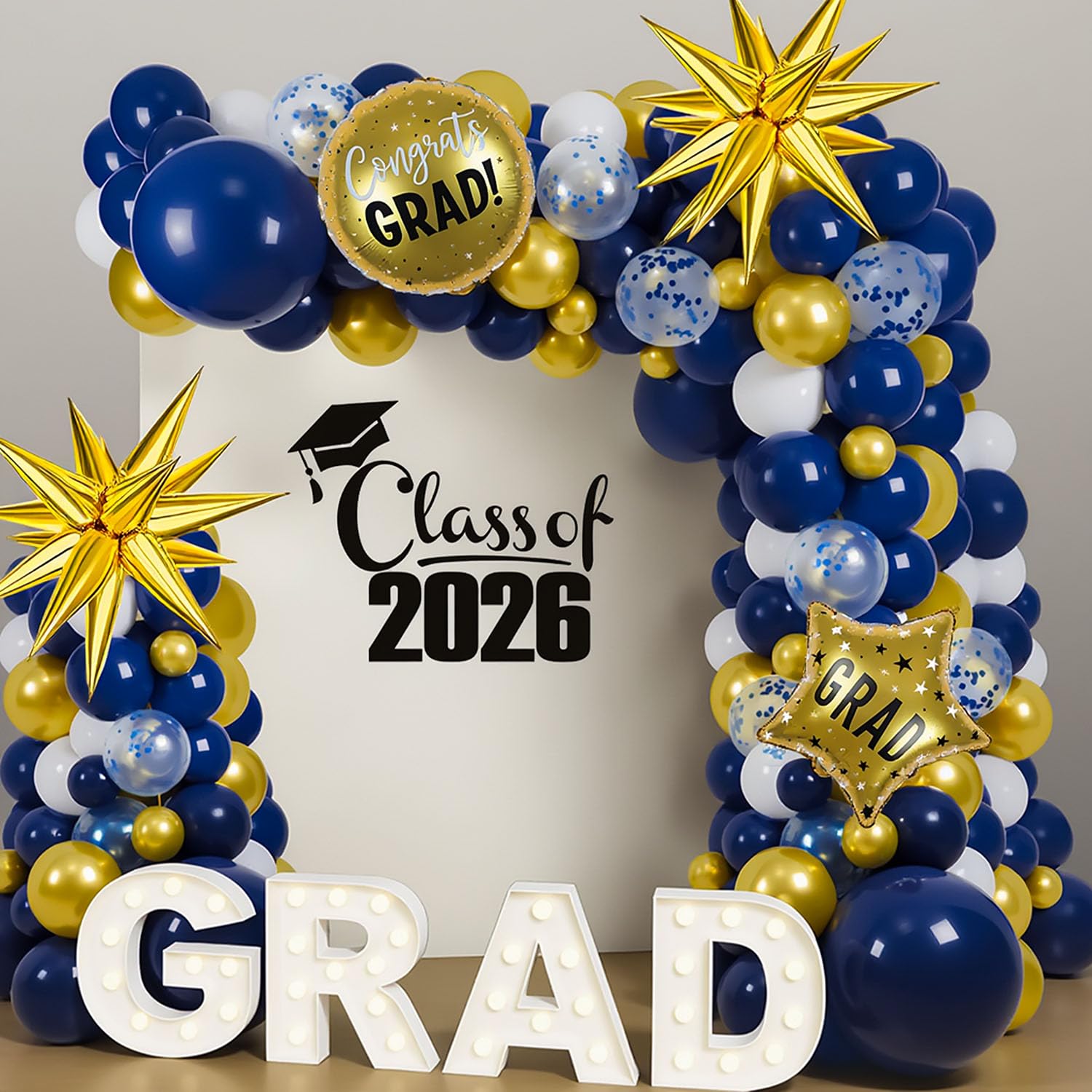 Photo 1 of 2026 Graduation Balloon Arch Garland Kit, 18" 10" 5" Navy Blue Gold White Balloons for Congrats Grad Decorations College High School Class of 2026 Party Supplies