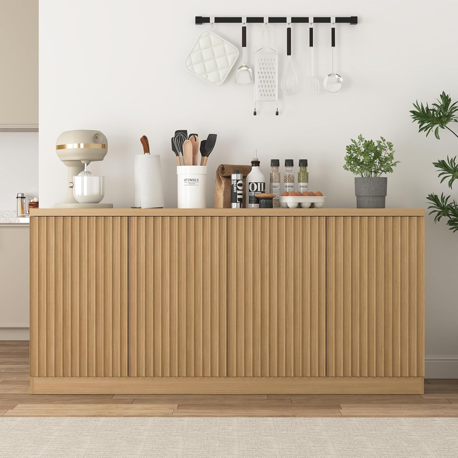 63" Fluted Buffet Cabinet Sideboard with Storage,Large Credenza with 4 Doors with Adjustable Shelves,Wood Mid Century Modern Sideboard for Kitchen, Living Room,Entryway(Natural)