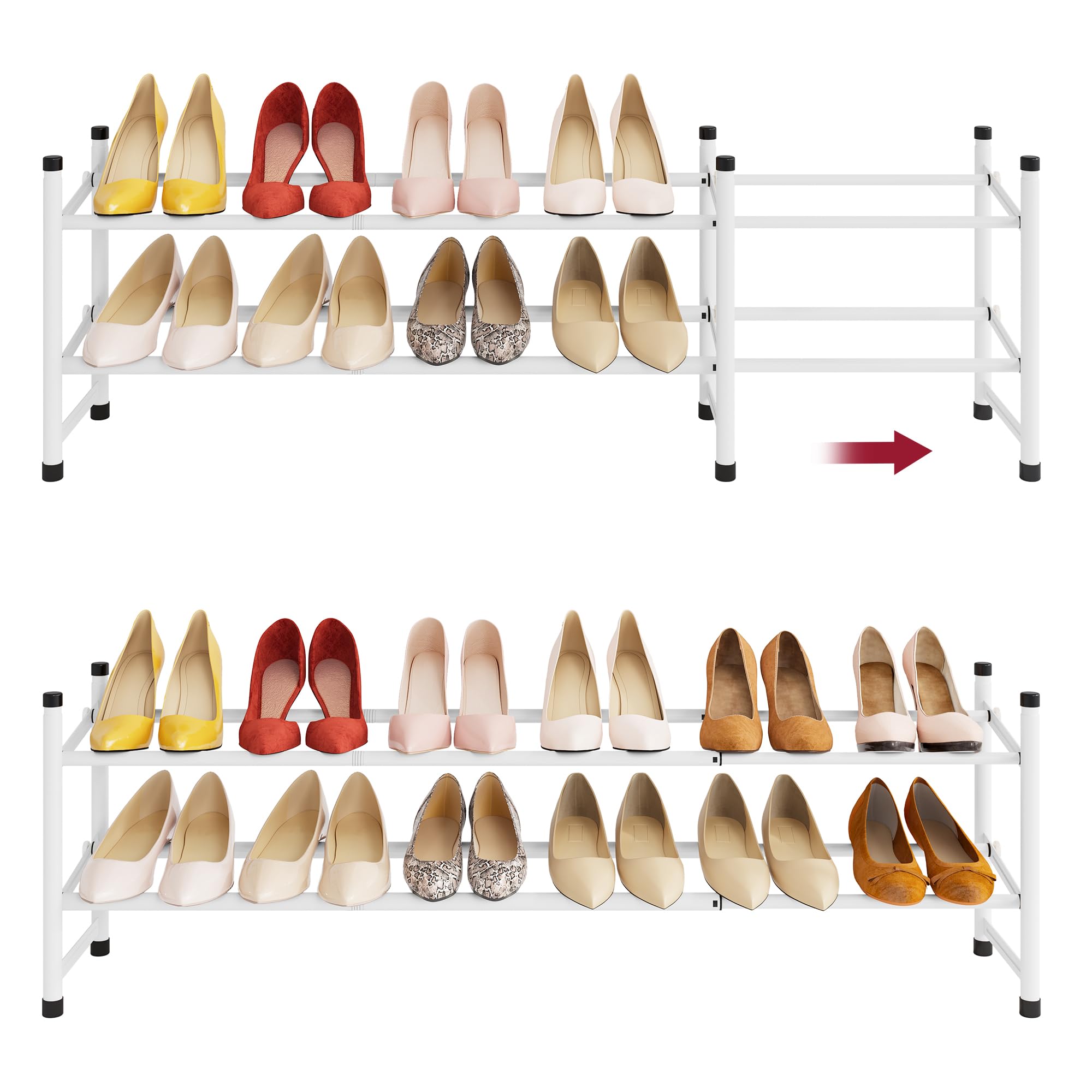 Tajsoon Expandable Shoe Rack for Closet 2 Tier, 28“-41“Stackable, White