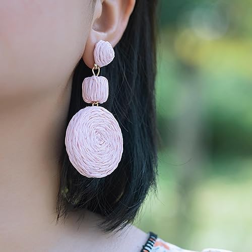 Miniatura 6 de Statement Raffia - Aretes redondos de bola colgantes de rafia, bonitos aretes bohemios hechos a mano para el verano para mujer