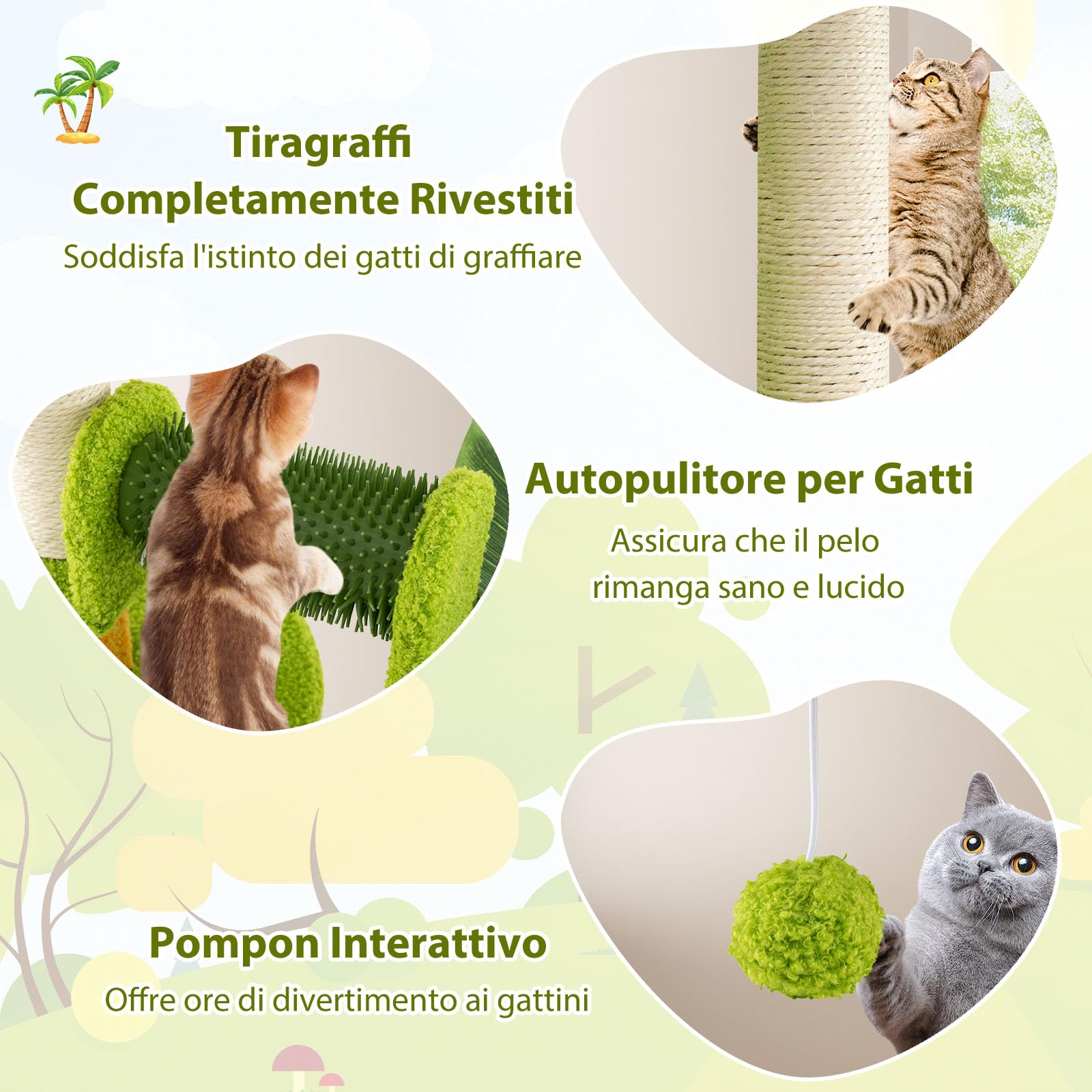 GYMAX Albero per Gatti con Foglie Artificiali, Piccola Torre per Gatti con Condominio, Trespolo, Tiragraffi in Sisal, Toilette Automatica, Pompon Sospeso, Centro Attività per Gattini da Interno