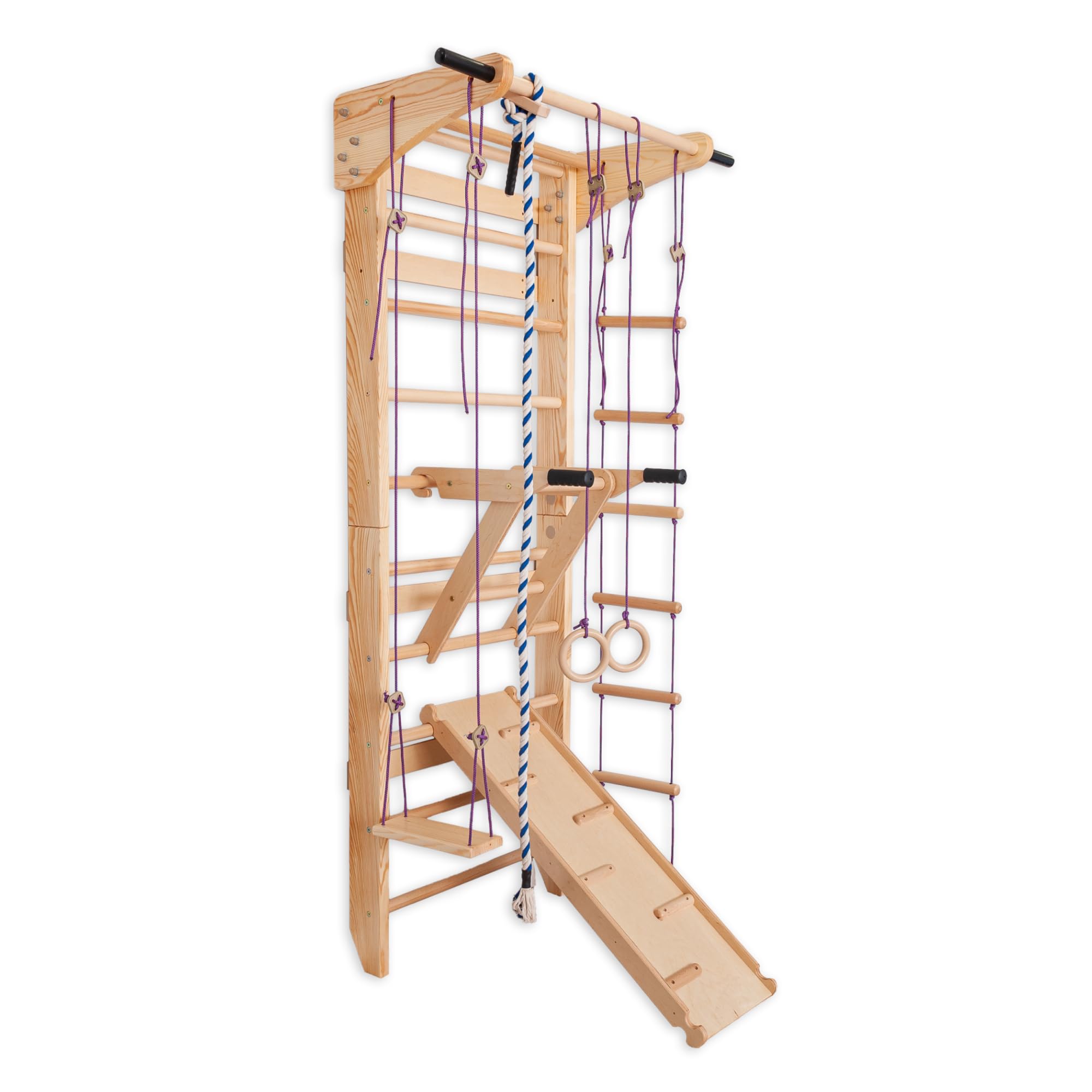 Sprossenwand Holz mit Rutsche & Schaukel - Indoor Klettergerüst für Kinder & Erwachsene - Turnwand mit Kletterbrett & Zubehör - Massiv bis 150kg (Beige)