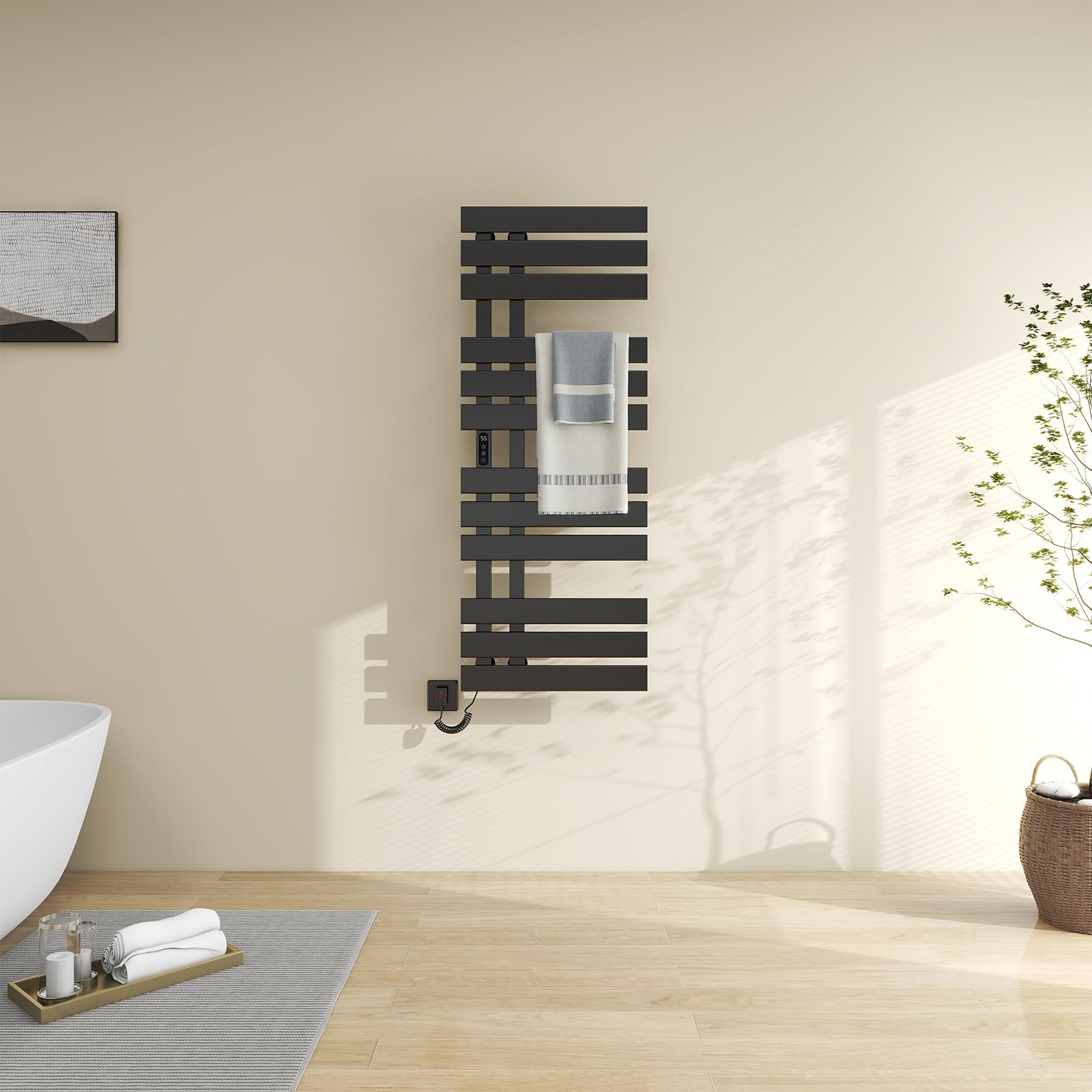 TINS Seche Serviette Electrique Seche Serviette Noir WiFi 500×1300mm 450W Porte-Serviettes électrique pour Alexa et Google Home et APP Radiateur Salle de Bain Économie d'énergie -WiFi Black Right