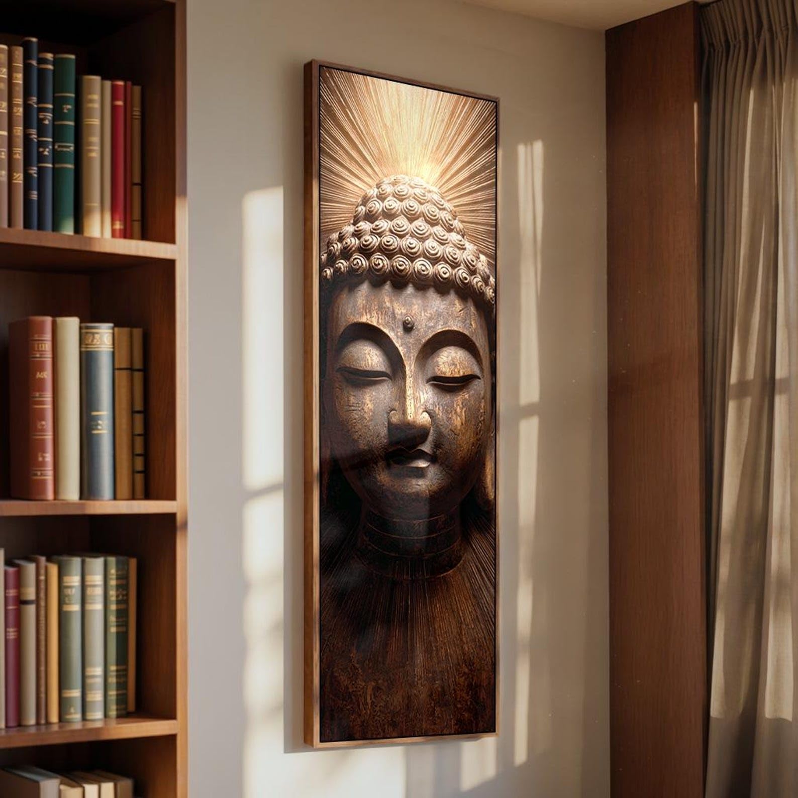 XINBAO Dark Buddha Prints, Vertical Minimalist Zen Decor, Spiritual Buddha Portrait, Hindu Paintings, Buddhist Wall Art Canvas(35x105cm/Inner Frame)