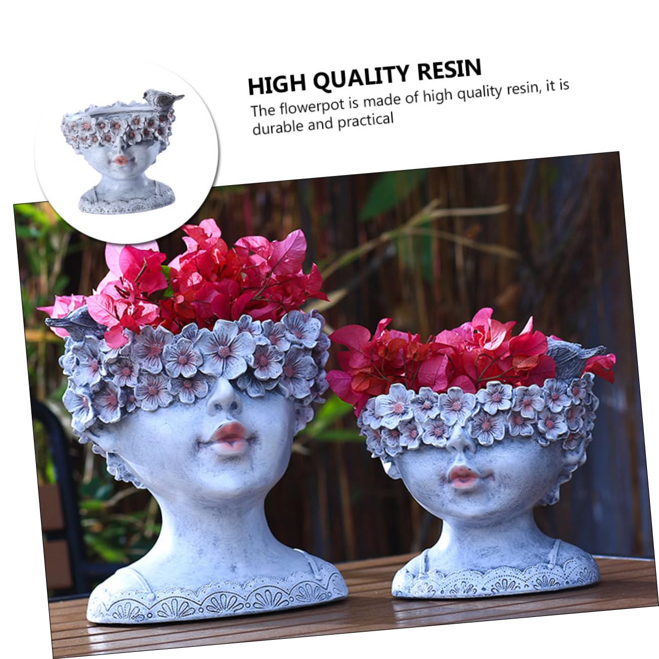 Toyvian Pot de Fleurs Solaire Créatif en Résine Grise Style Tête de Jeune Fille, Décoration Jardin et Balcon, Pot Moyen Lumineux pour Plantes Succulentes, Ornement Extérieur Chic et Moderne