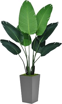 ASTIDY Bird of Paradise Artificial Plant 5FT - Faux Tropical Palm Tree with Gray Tall Planter - Fake Banana Leaf Floor Plant Potted - Artificial Silk Tree for Home Office Living Room Decor Indoor
