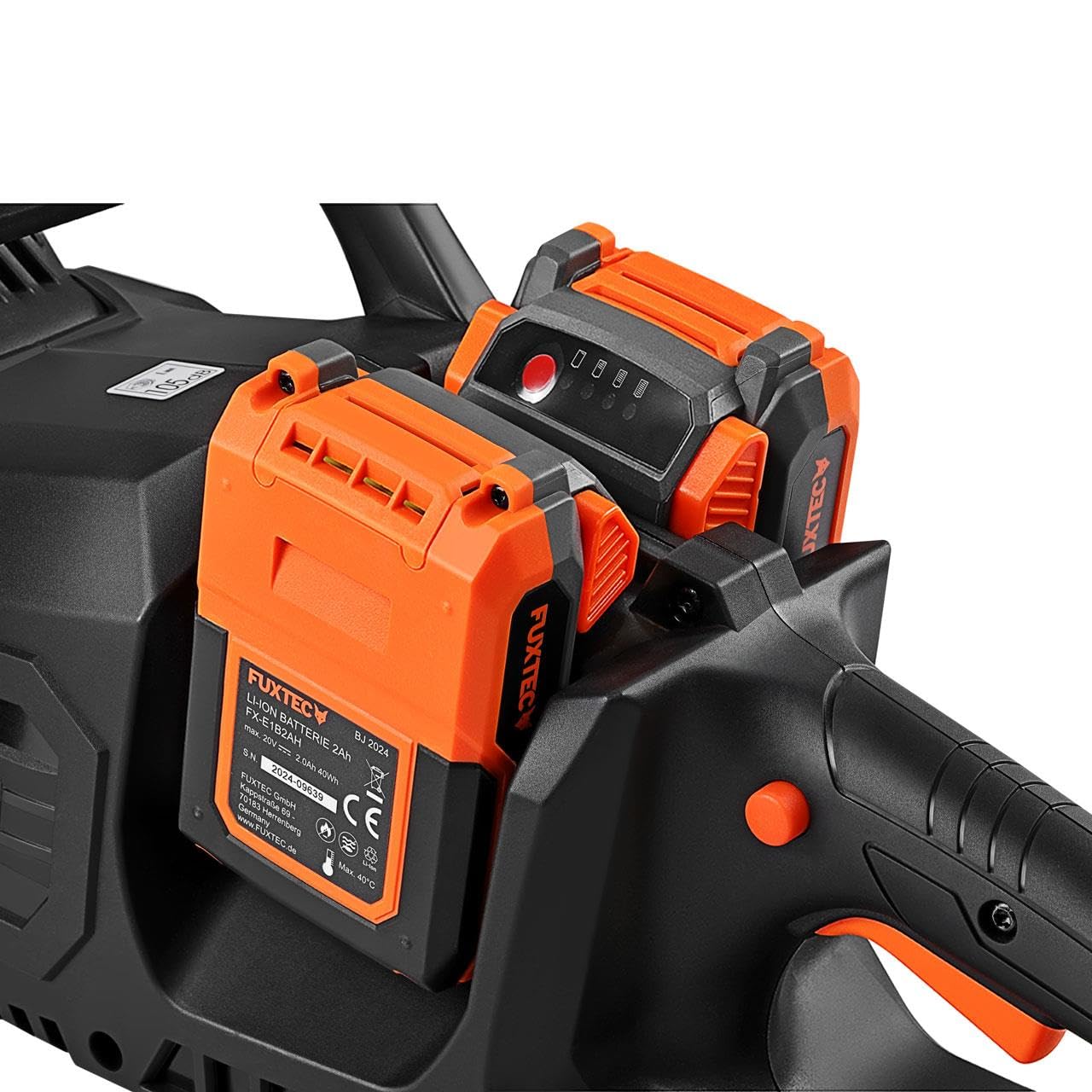 FUXTEC Motosierra a Batería 2x20V FX-E2KS SET – Espada de 35 cm, 4,2 kg, Velocidad de Cadena 15 m/s, Incluye 2 Baterías 2Ah y Cargador Dual