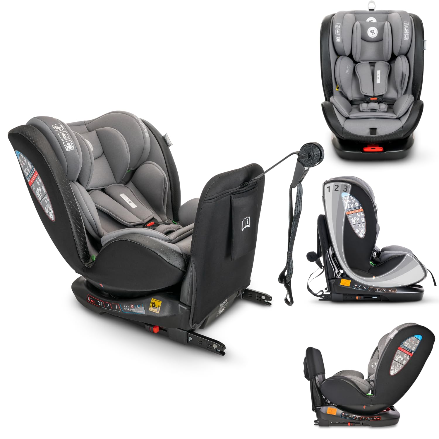 Lorelli Auto Kindersitz Ares mit Isofix, 360 Grad drehbar, (0-36 kg) Mitwachsender Autositz i-Size 40-150cm - Gruppe 0+/1/2/3, Babysitz ab Geburt, 5-Punkt-Gurt, Einstellbare Kopfstütze, grau