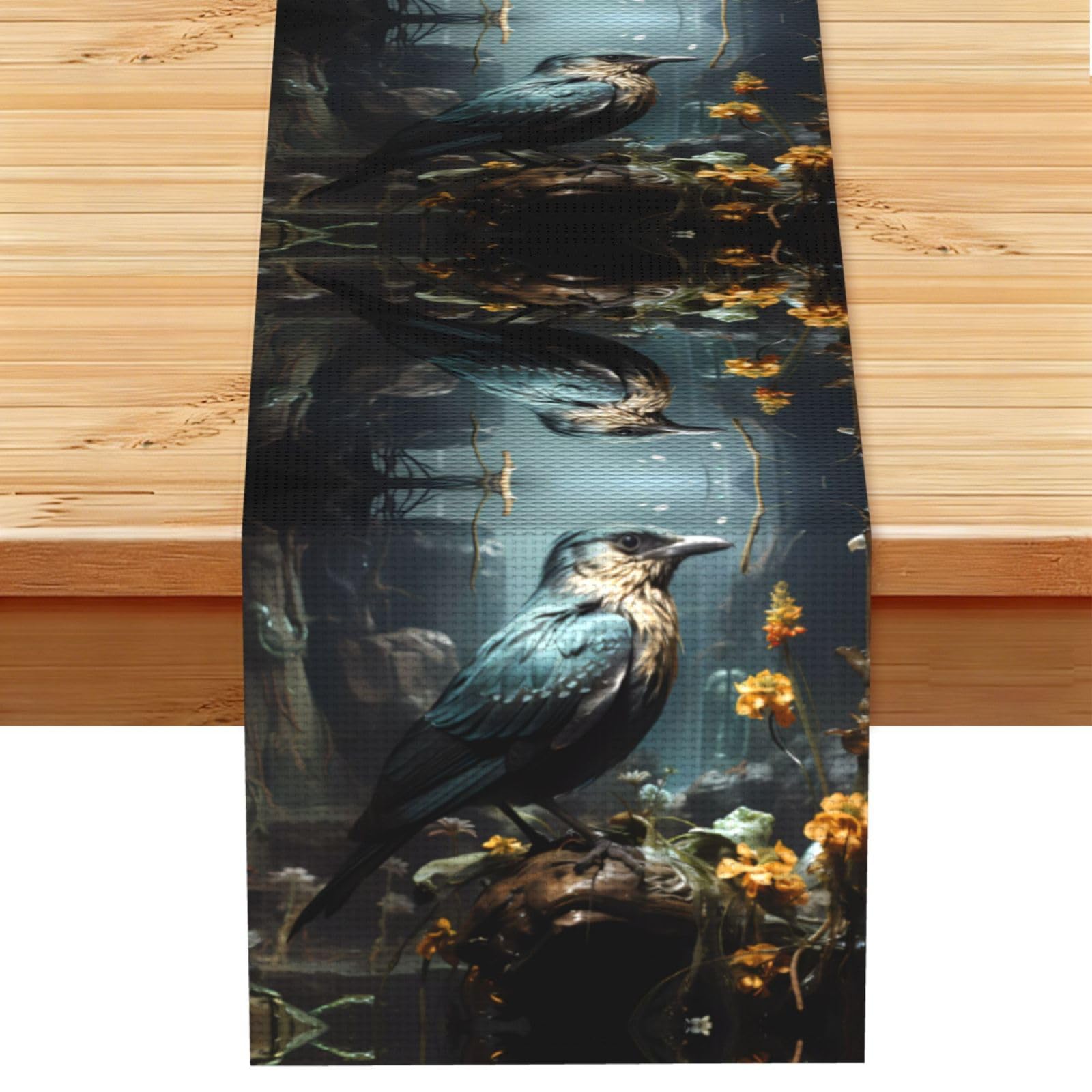 Black Bird and Flower Linen Feel Table Runner Wedding Party Home Decoration