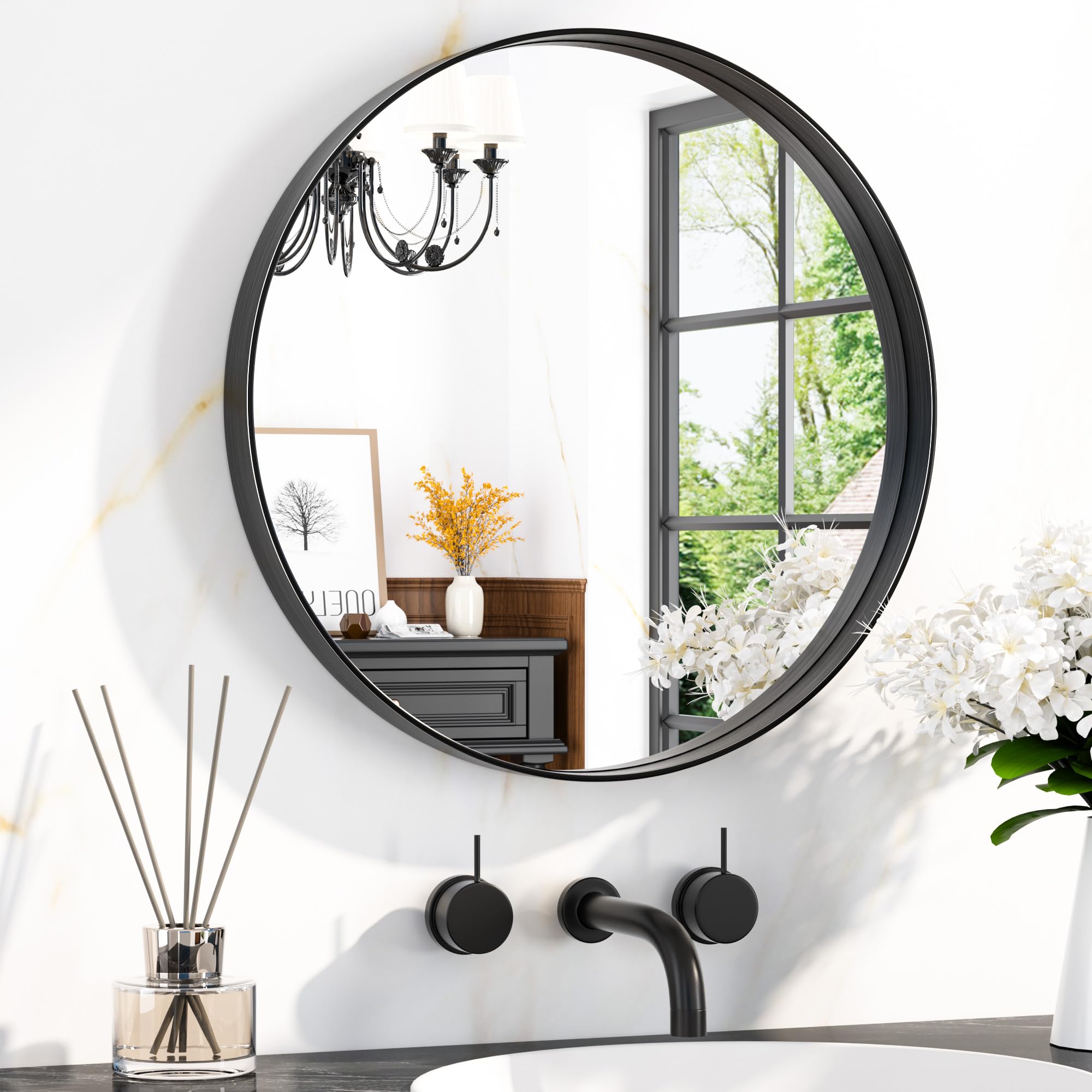 Keonjinn 50cm Black Round Bathroom Mirror Wall Mounted, Aluminium Metal Frame Wall Mirror HD Glass Vanity Mirror for Bedroom Living Room Entryway Home Decor